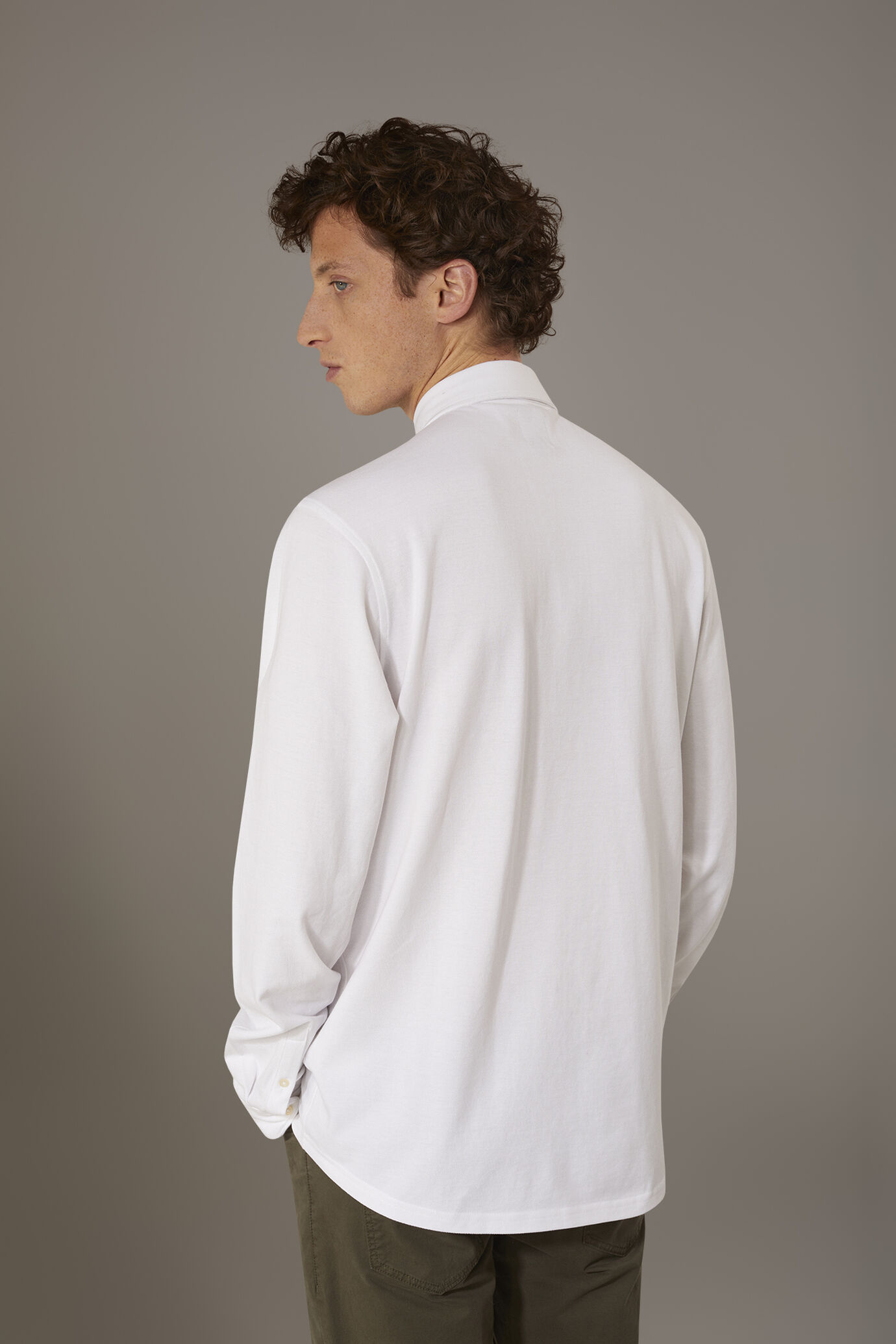 Polo camicia maniche lunghe 100% cotone piquet tinta unita image number 2