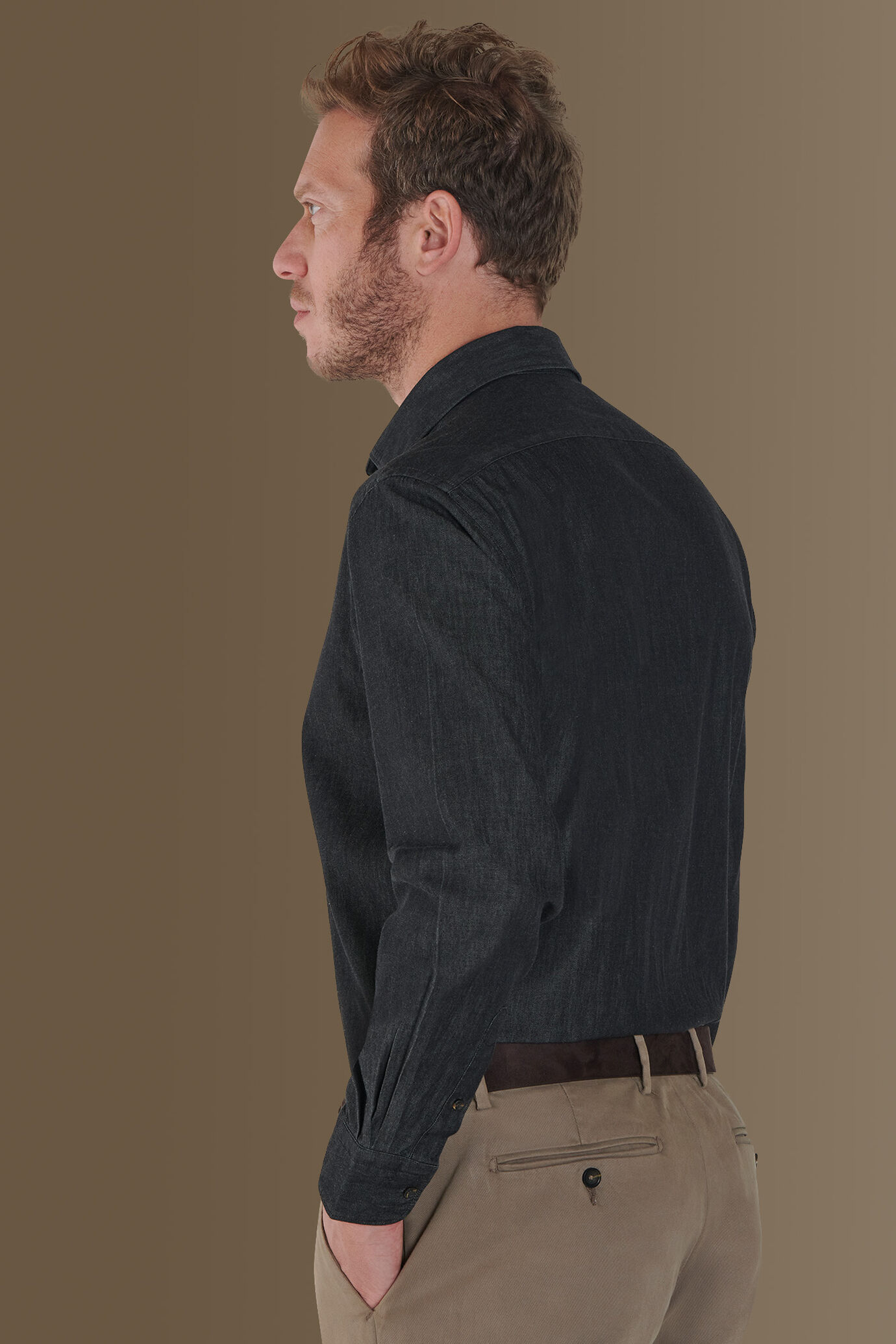 Camicia uomo casual collo francese 100% cotone denim grigio scuro image number 1