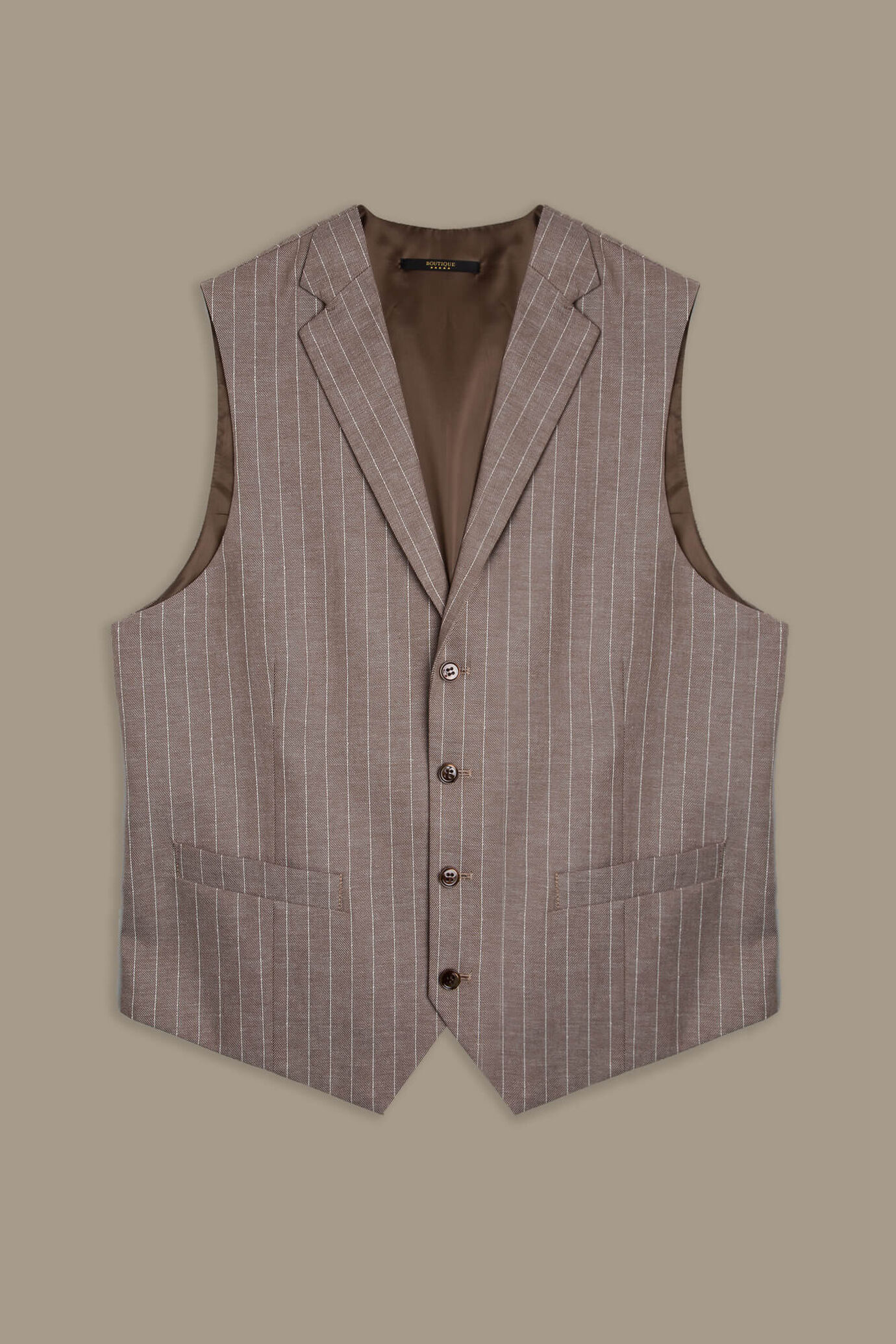 Gilet monopetto gessato, con rever, misto lino e cotone