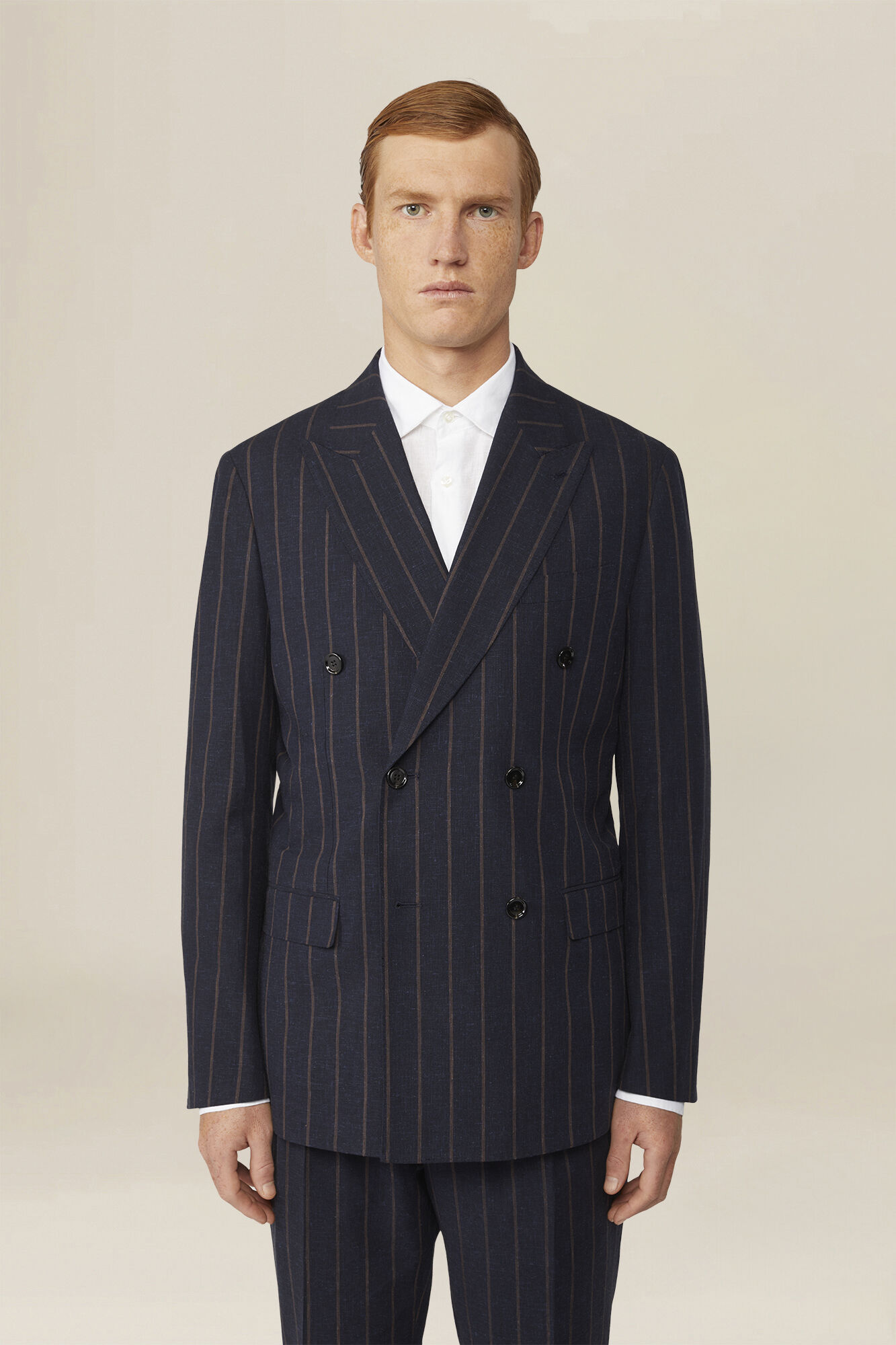 Unlined double-breasted men's jacket with pinstripe pattern