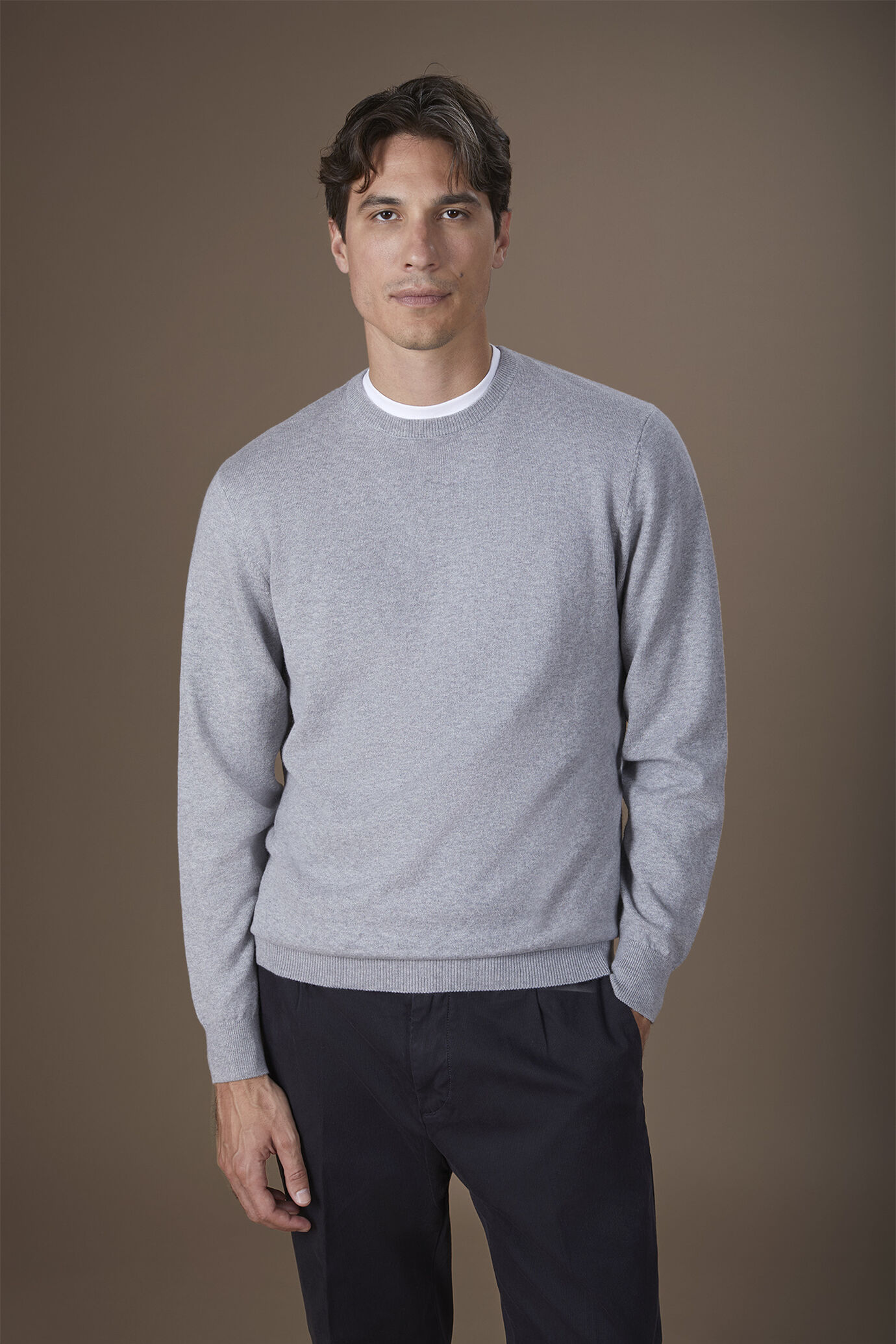 Men's regular fit crew neck jumper in wool and cotton image number 0