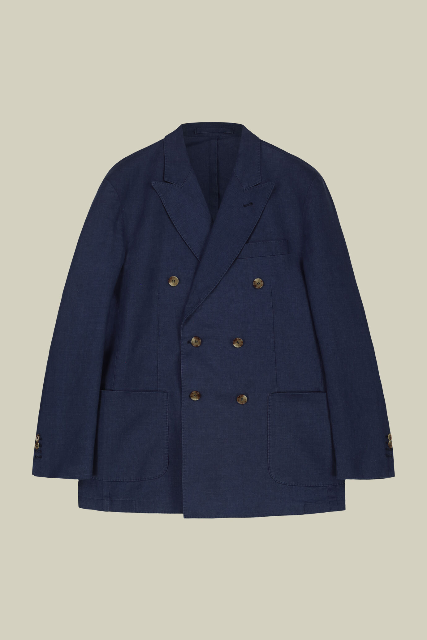 Men's 100% linen unlined double-breasted jacket with peak lapels and flap pockets