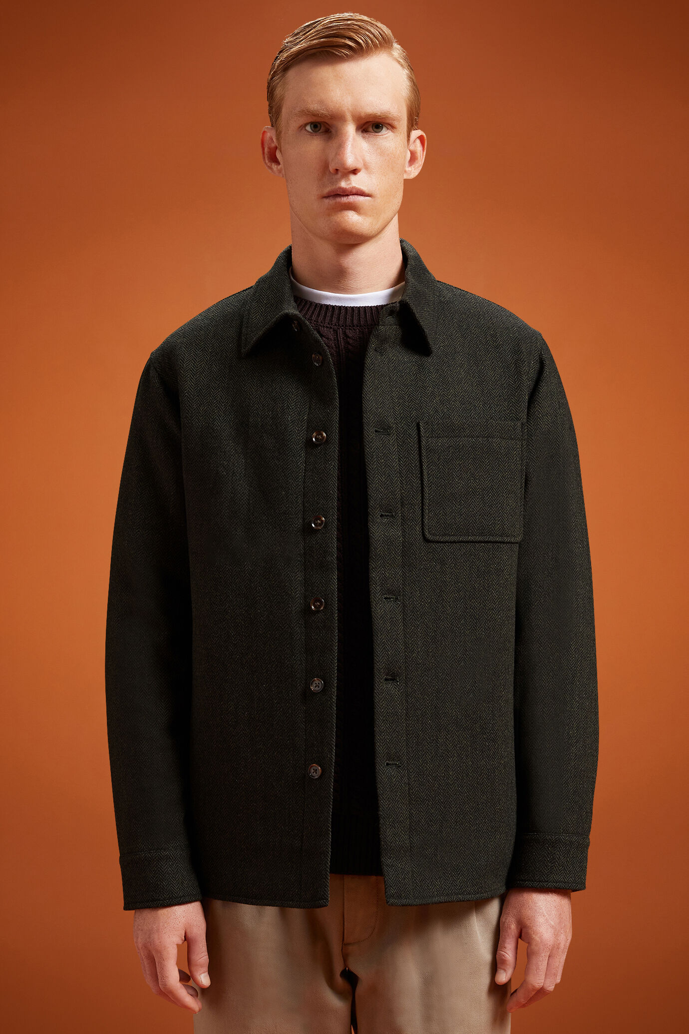 Men's regular fit overshirt in herringbone wool blend fabric