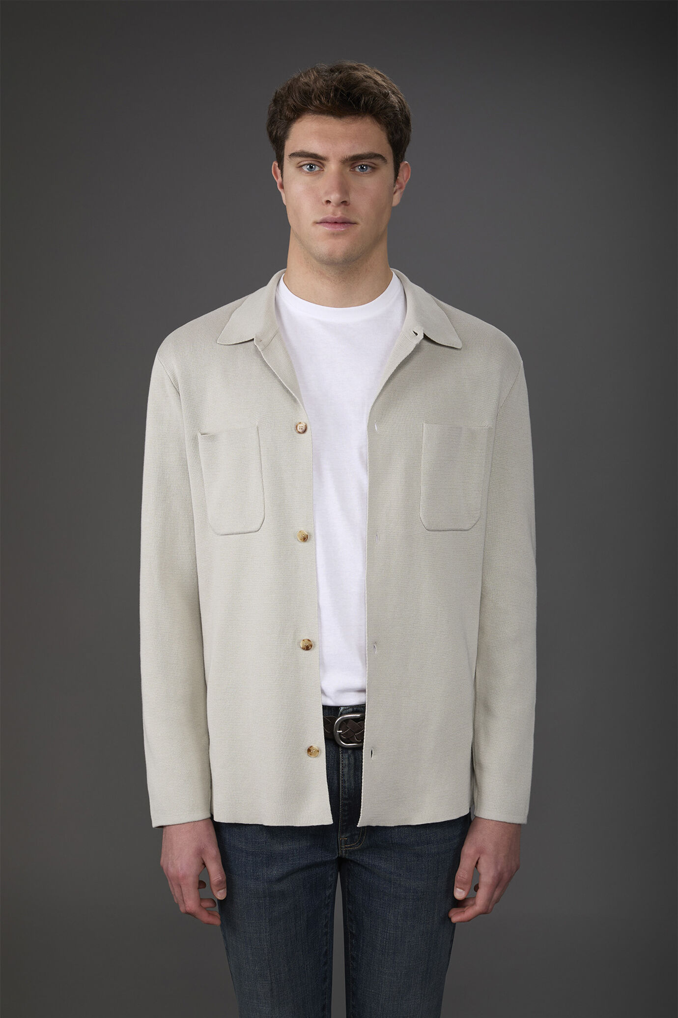 Men's shirt jacket with patch pockets, 100% cotton milano rib knit image number 1