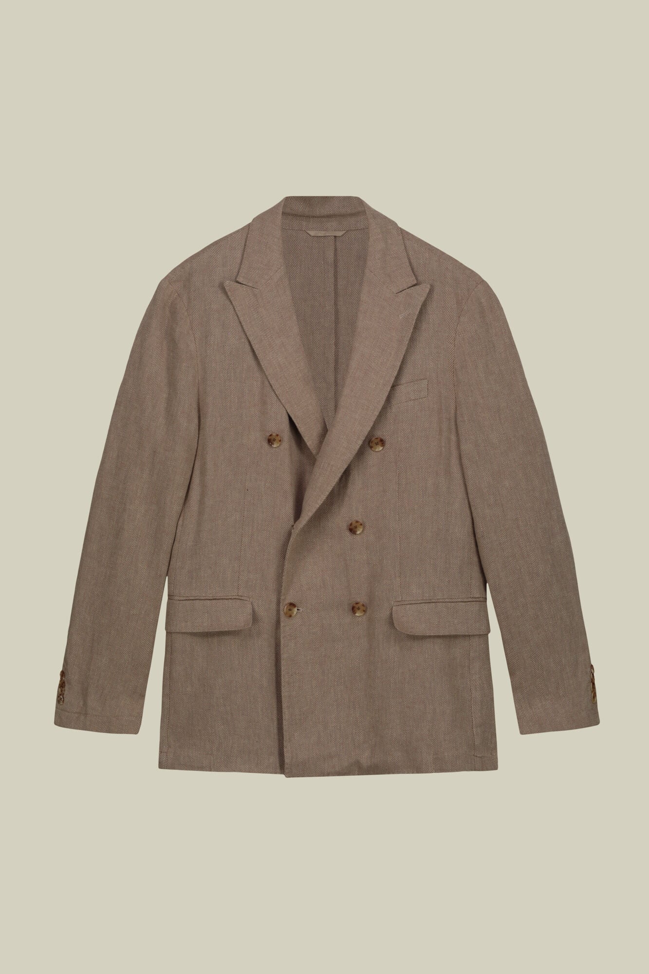 Men's unlined double-breasted jacket with peak lapels and flap
