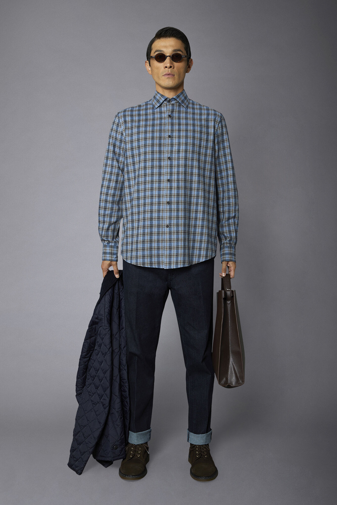 Camicia casual uomo collo francese comfort fit tessuto in flanella fantasia a quadri