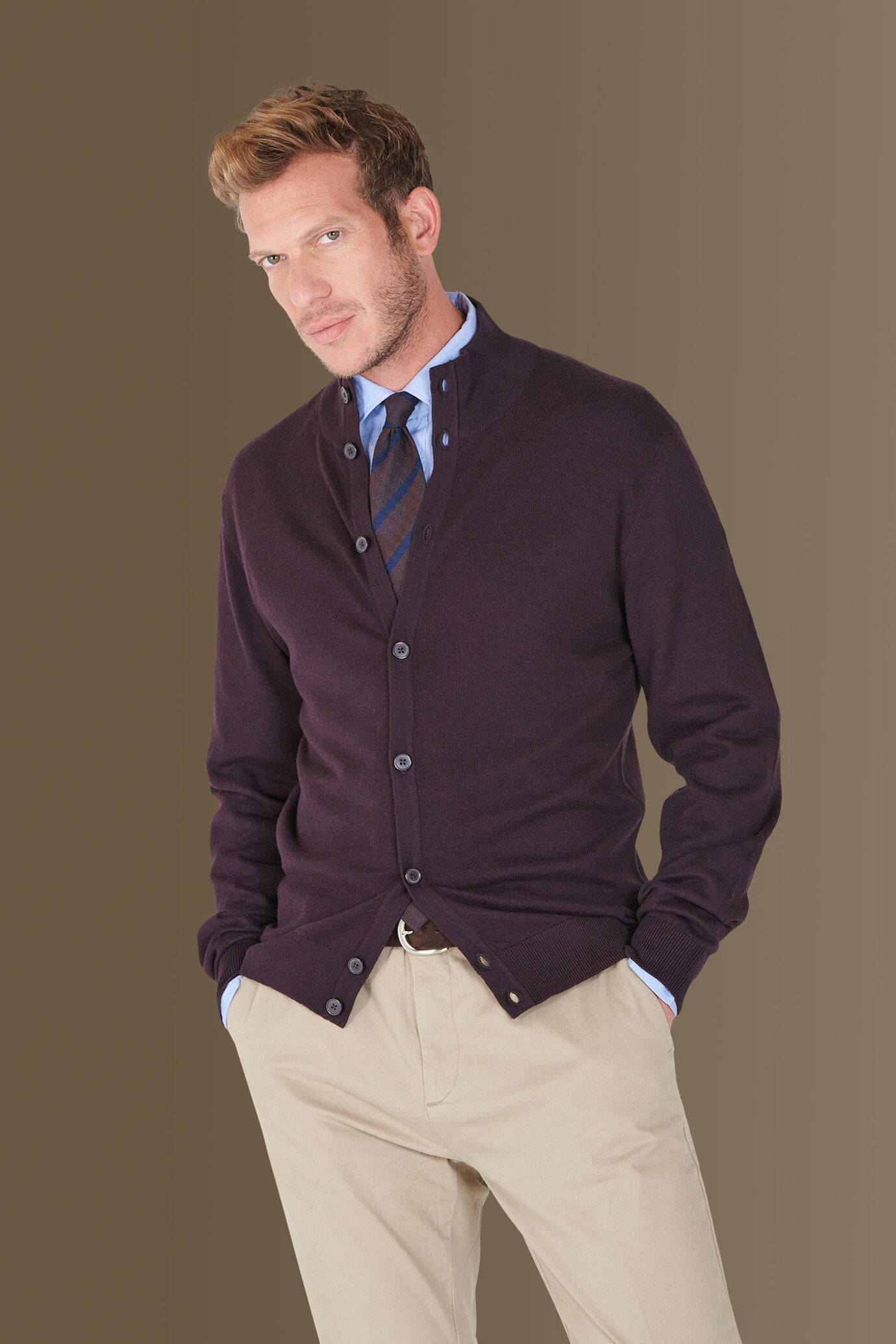 Cardigan with high collar in cotton -wool blend image number 0