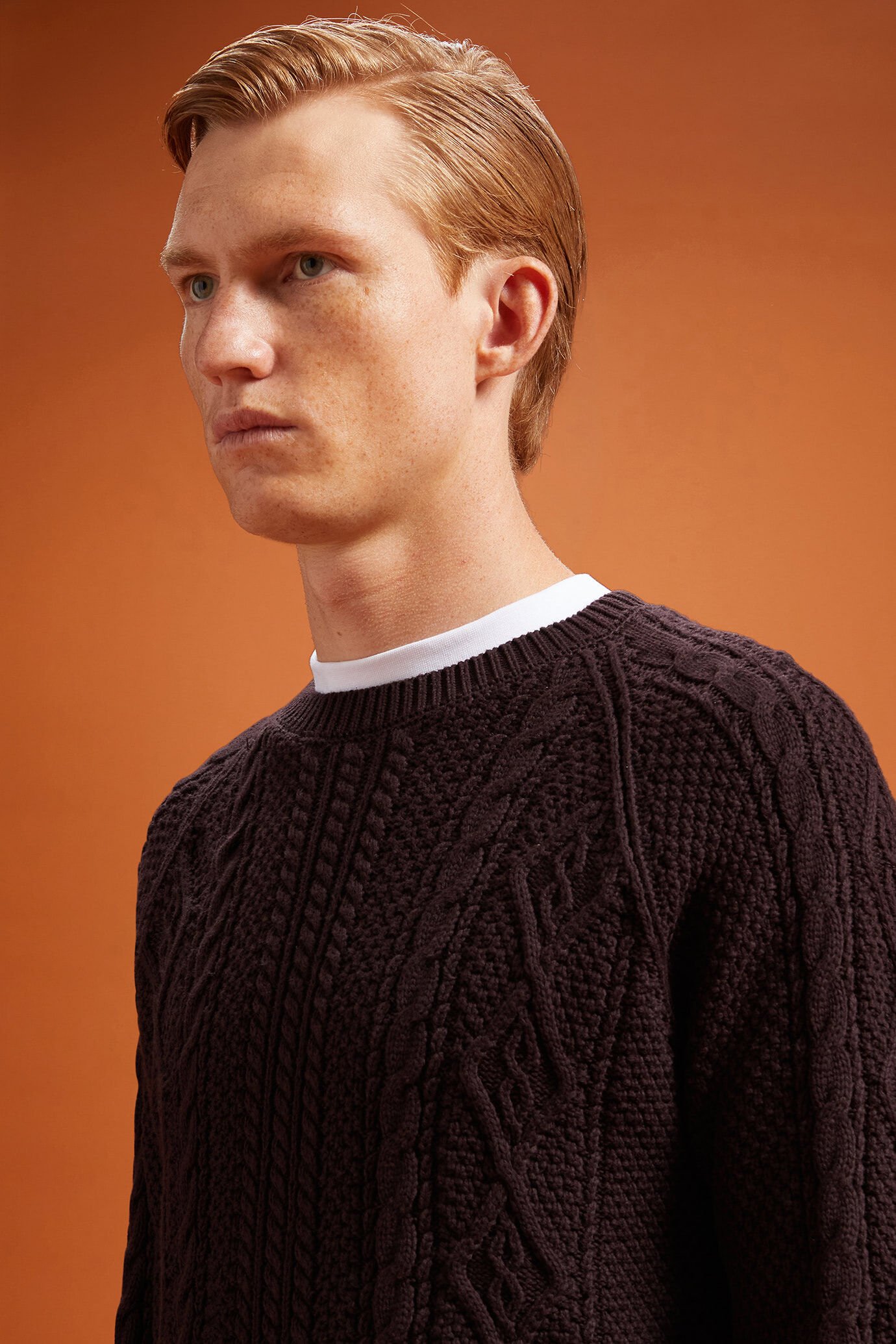 Men's regular fit cable knit jumper in 100% cotton with a crew neck image number 3