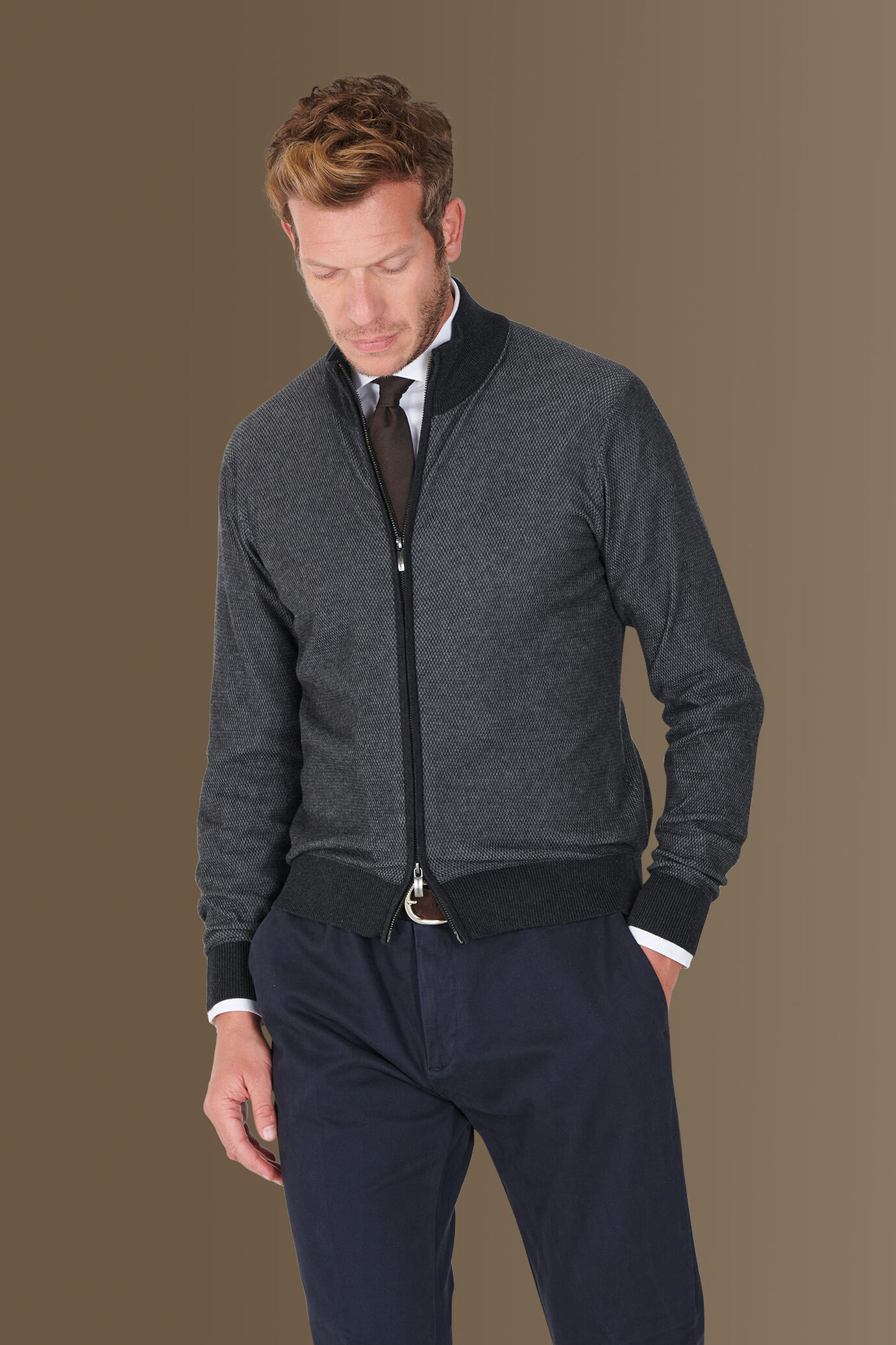 Cardigan with high collar seed stitch knitting image number 0