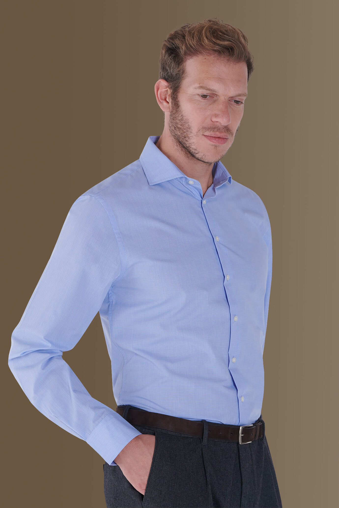 Camicia uomo collo francese pied de poule sky image number 2