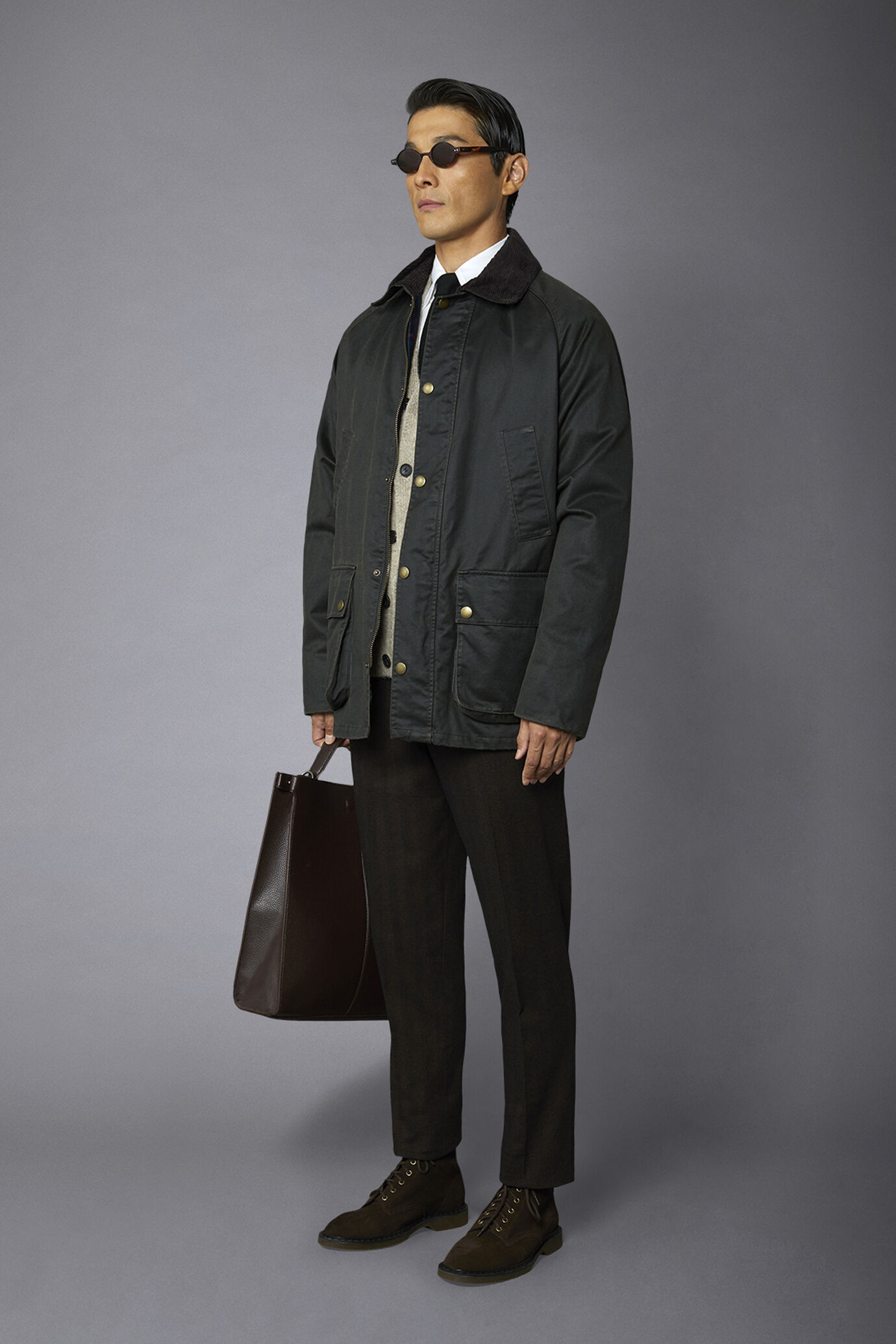 Pantalone uomo senza pinces in cotone stretch tessuto lavato disegno herringbone regular fit image number 1