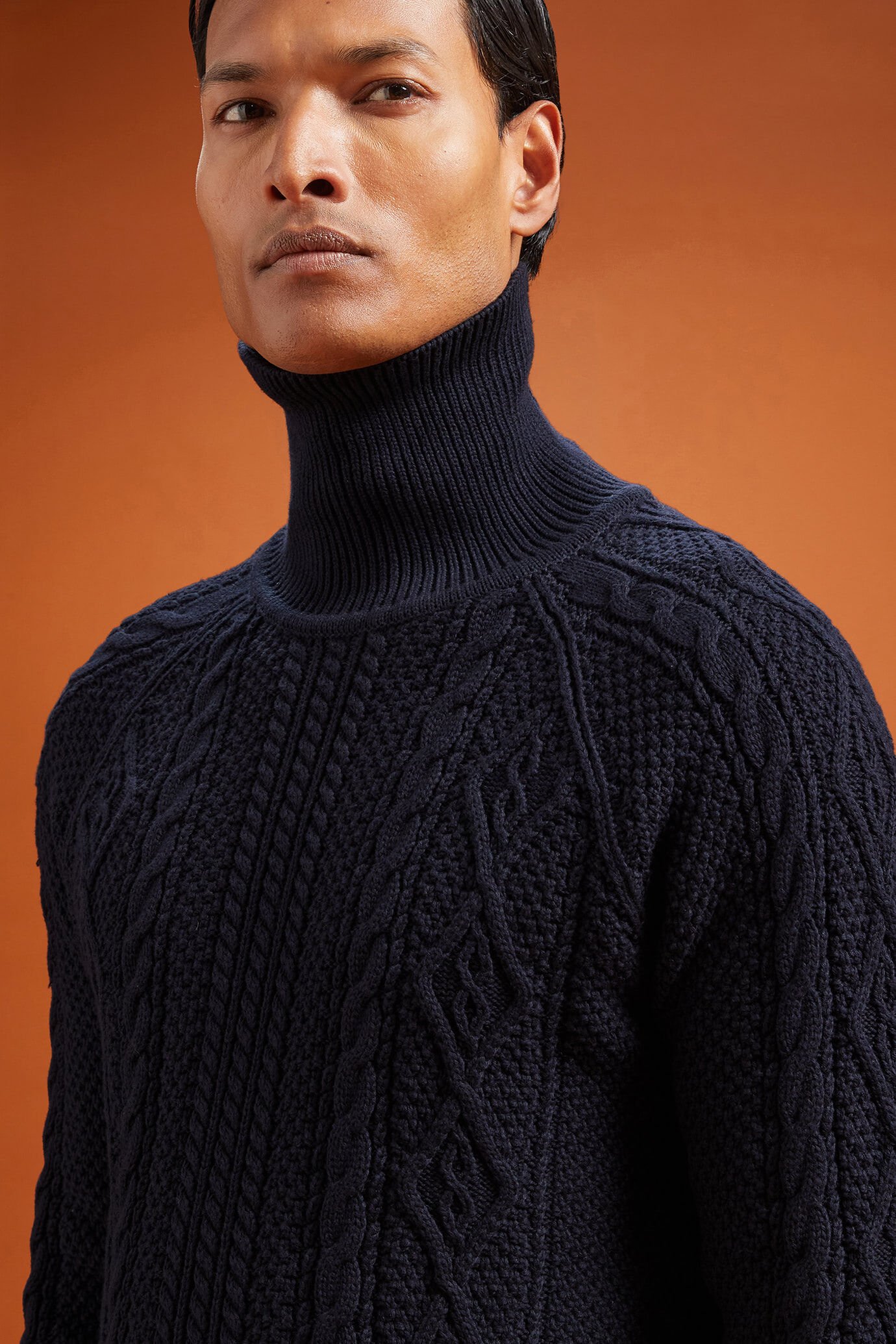Herren-Pullover mit hohem Ausschnitt aus 100 % Baumwolle mit Zopfstrick in normaler Passform image number 2