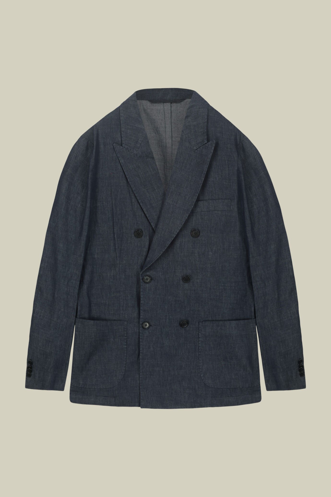 Giacca uomo doppiopetto sfoderata tessuto misto lino e cotone chambray