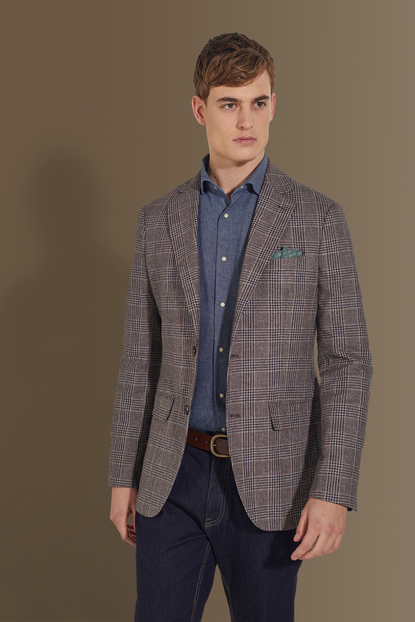 Single breasted jacket cotton linen fabric check design image number 1