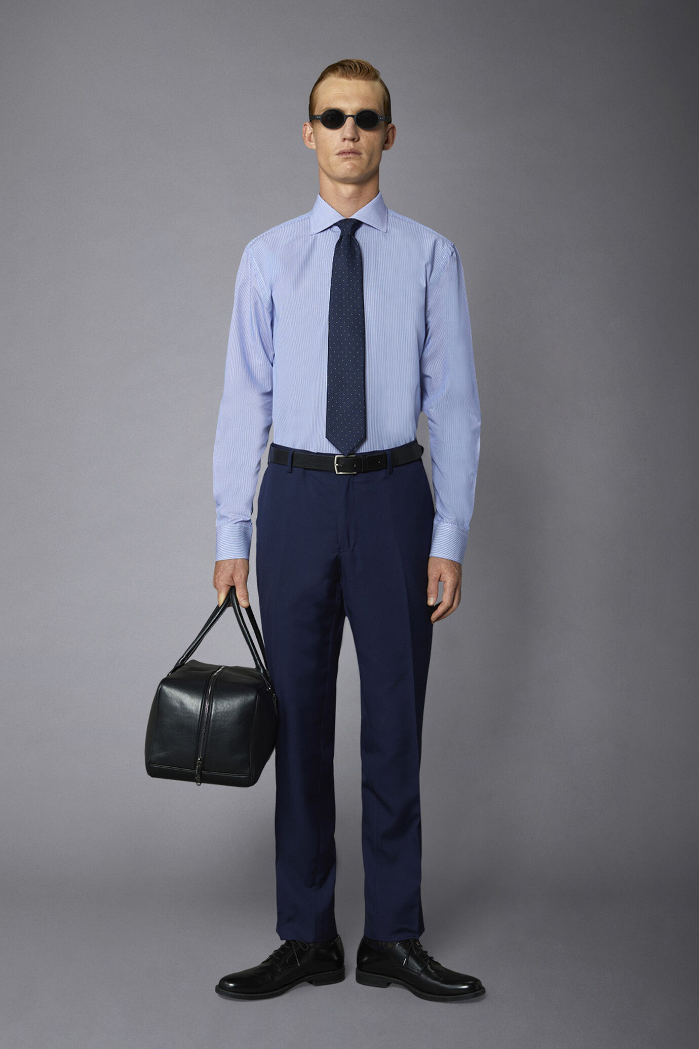 Men's classic slim fit French collar shirt with narrow stripe pattern image number 0