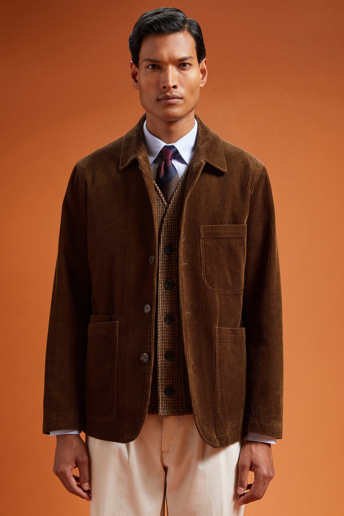 Veste homme à trois poches, 100% coton, en velours côtelé, coupe classique