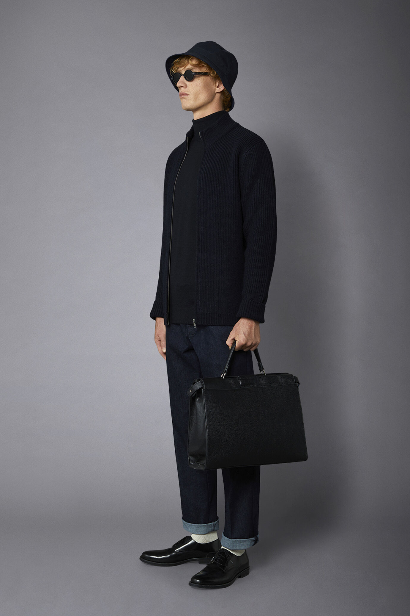 Cardigan zipp&eacute; &agrave; col montant en laine m&eacute;lang&eacute;e &agrave; c&ocirc;tes anglaises, coupe r&eacute;guli&egrave;re image number 1