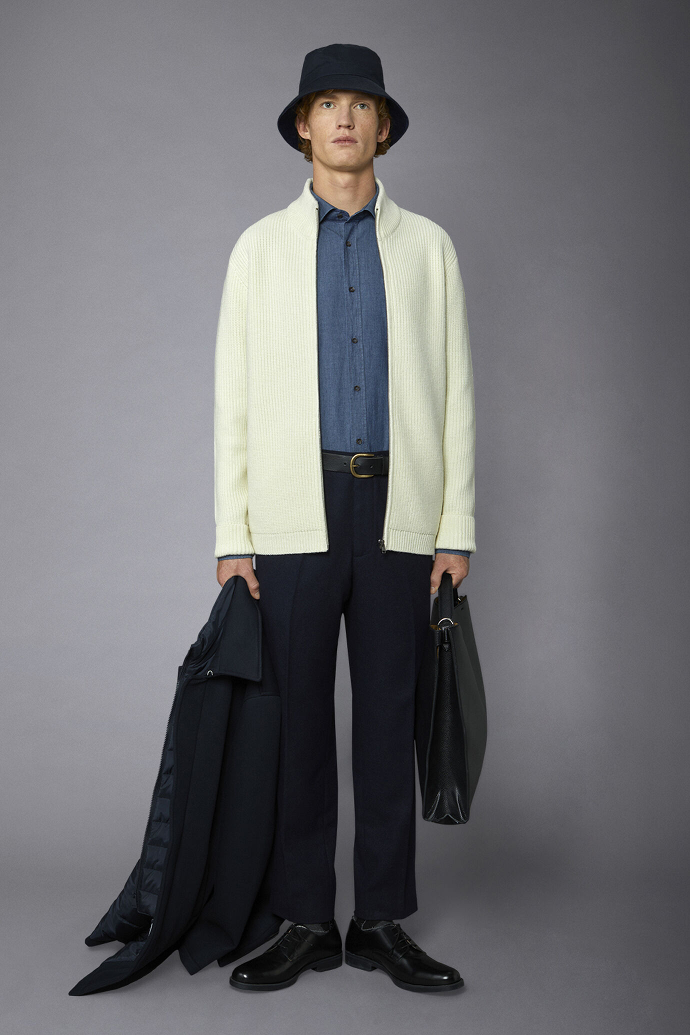Men's high-necked zip cardigan in English rib wool blend regular fit image number 0