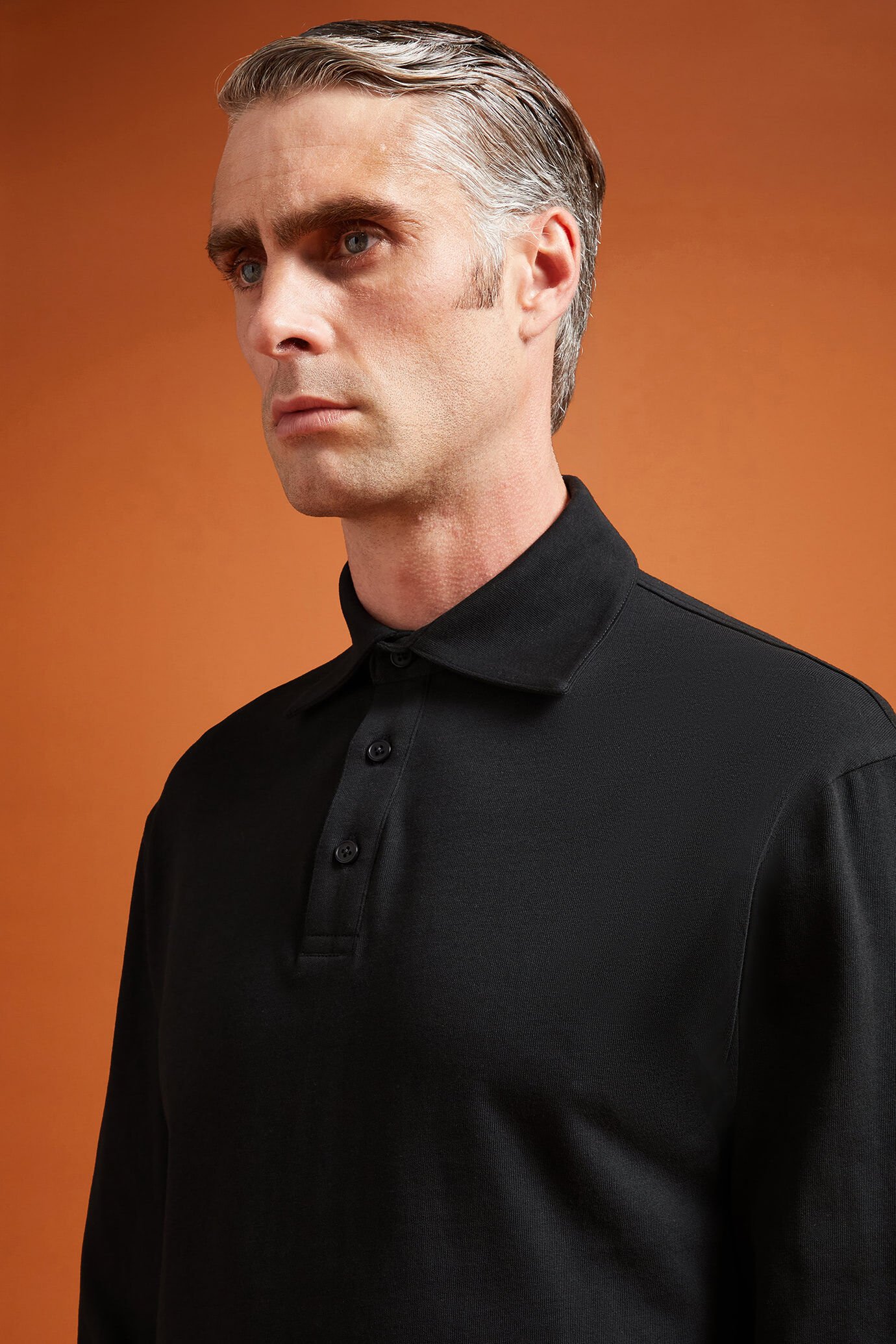 Men's long-sleeved 100% cotton polo shirt with a classic collar in a regular fit image number 3