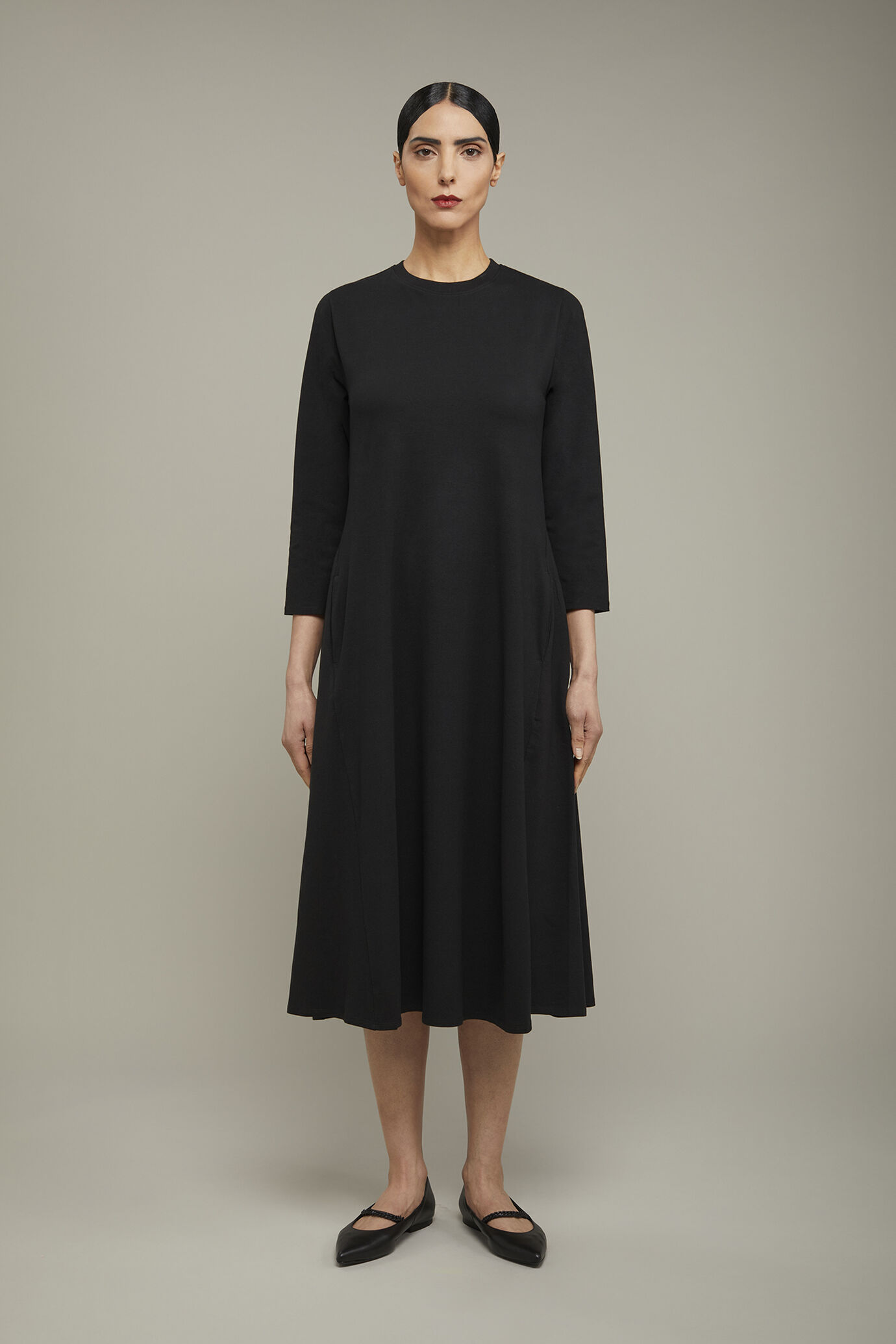Abito midi donna girocollo con manica lunga in jersey di cotone stretch regular fit image number 2