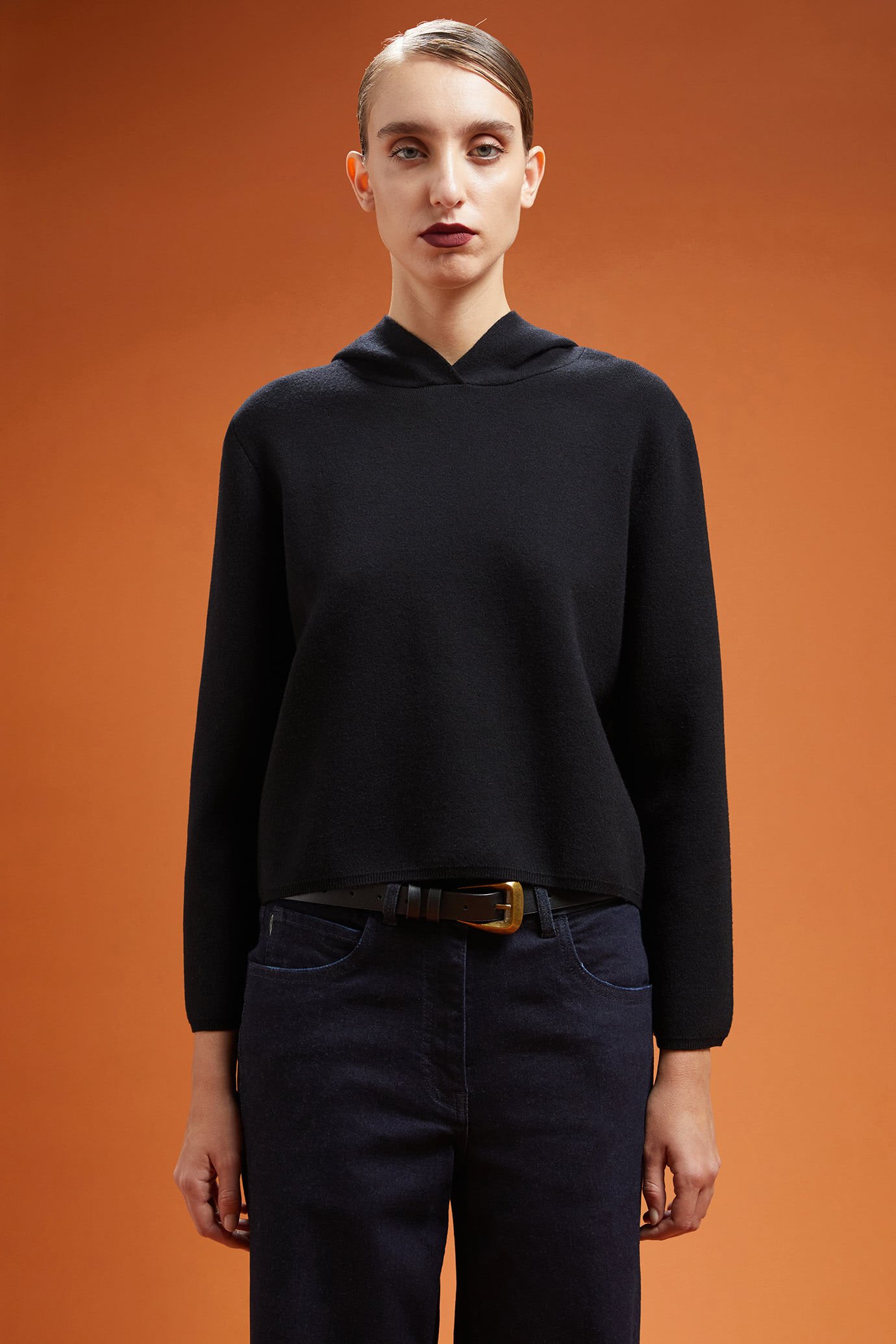 Pull pour femme uni avec capuche et logo brodé, coupe classique image number 0