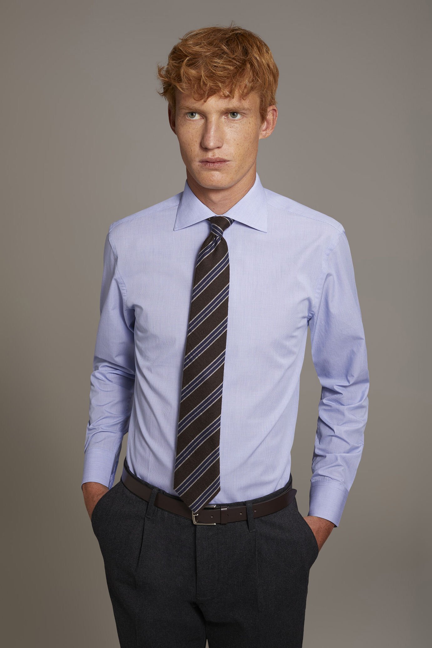 Camicia classica collo francese slim fit tessuto microcheck image number 0