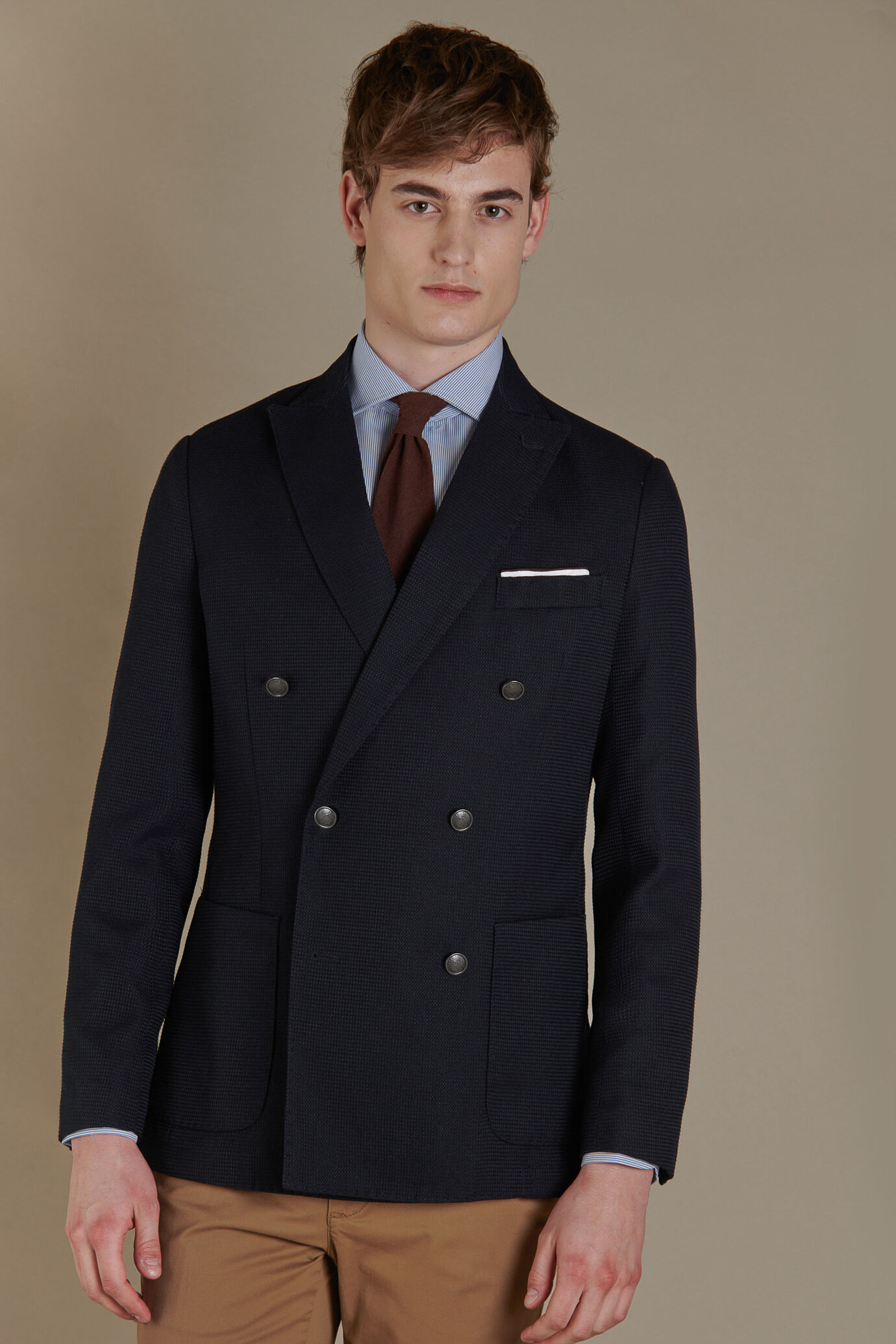 Double breasted jacket peak lapel with patch pockets