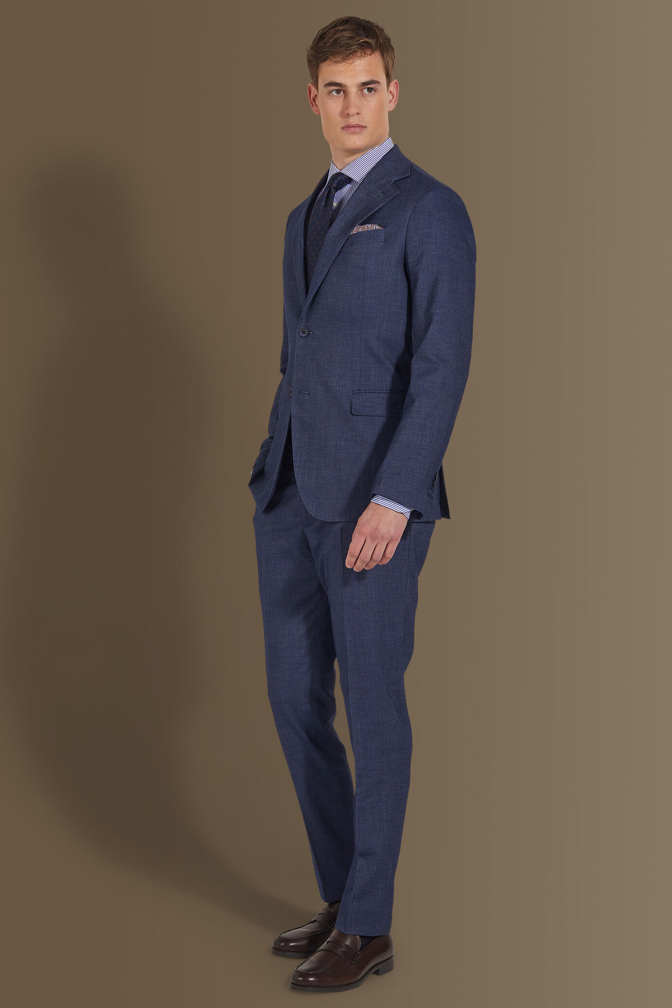 Single breasted suit flat trousers denim fabric effect image number 0