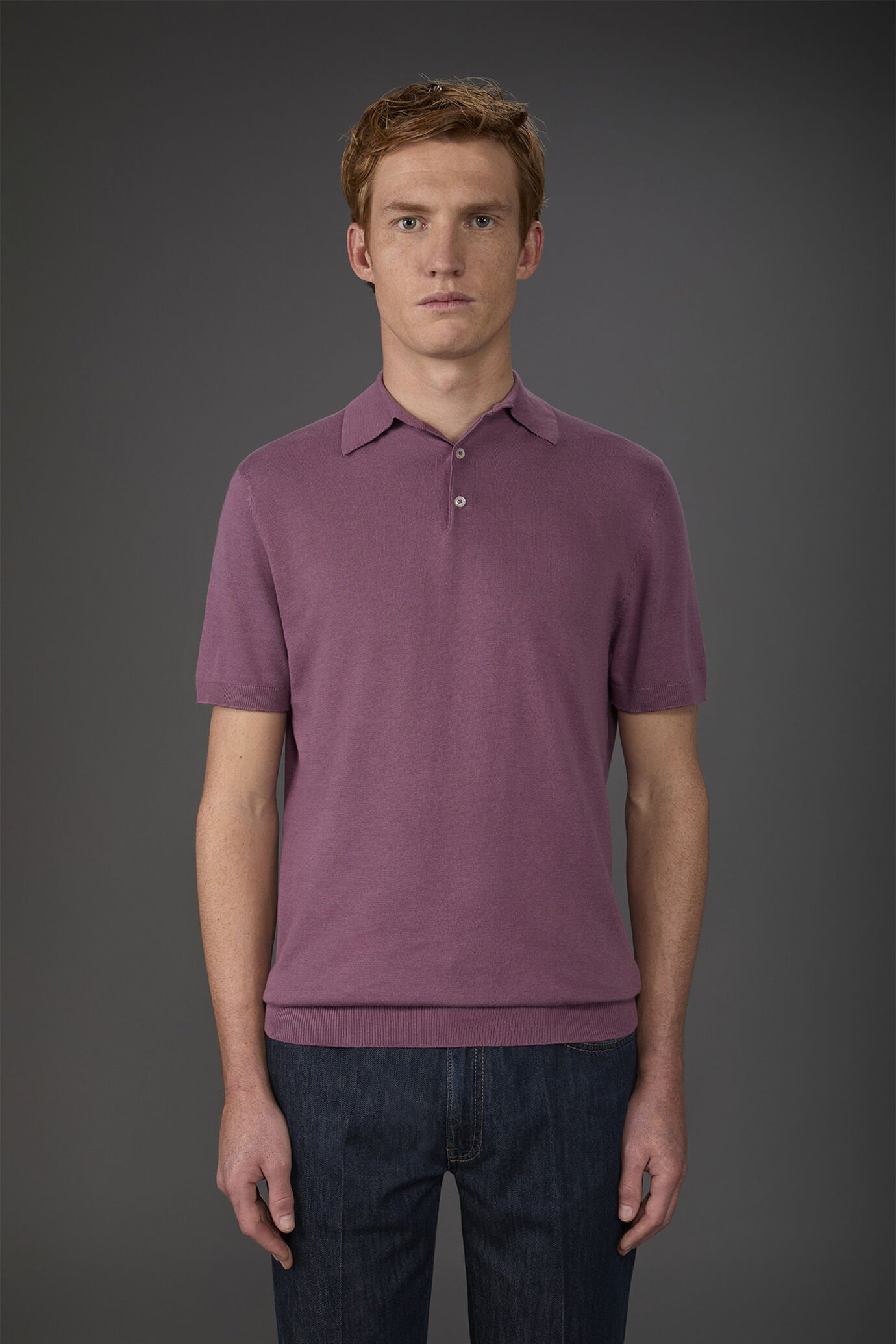 Men's short-sleeved knitted polo shirt image number 1