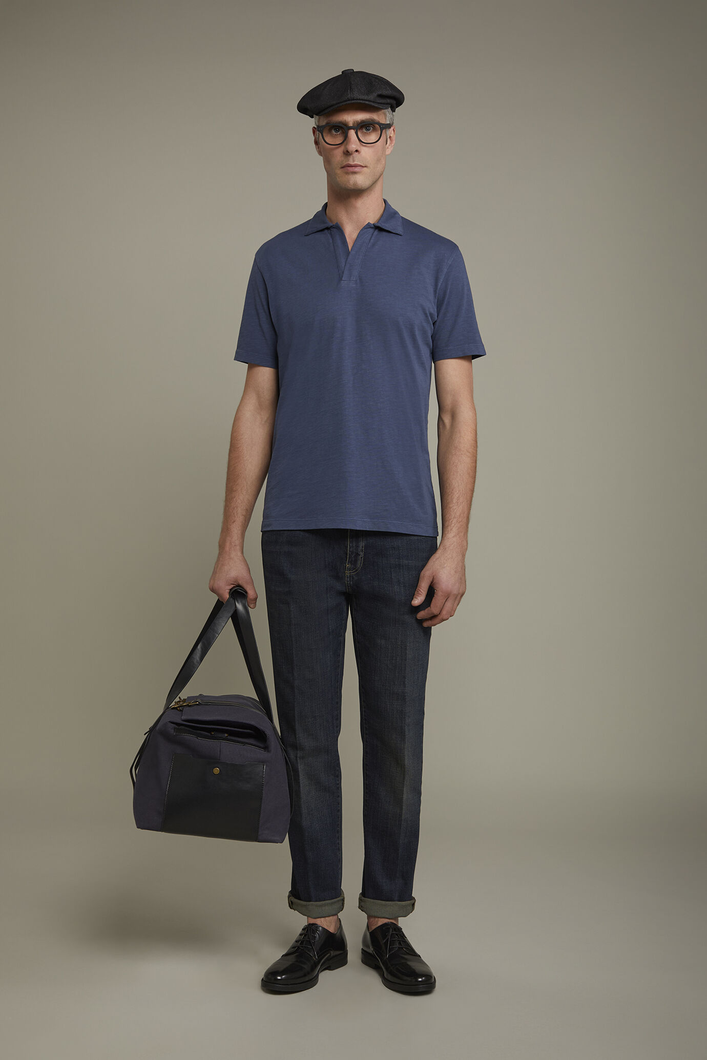 Men’s short sleeve button-less polo shirt with derby collar in pure cotton regular fit image number 0