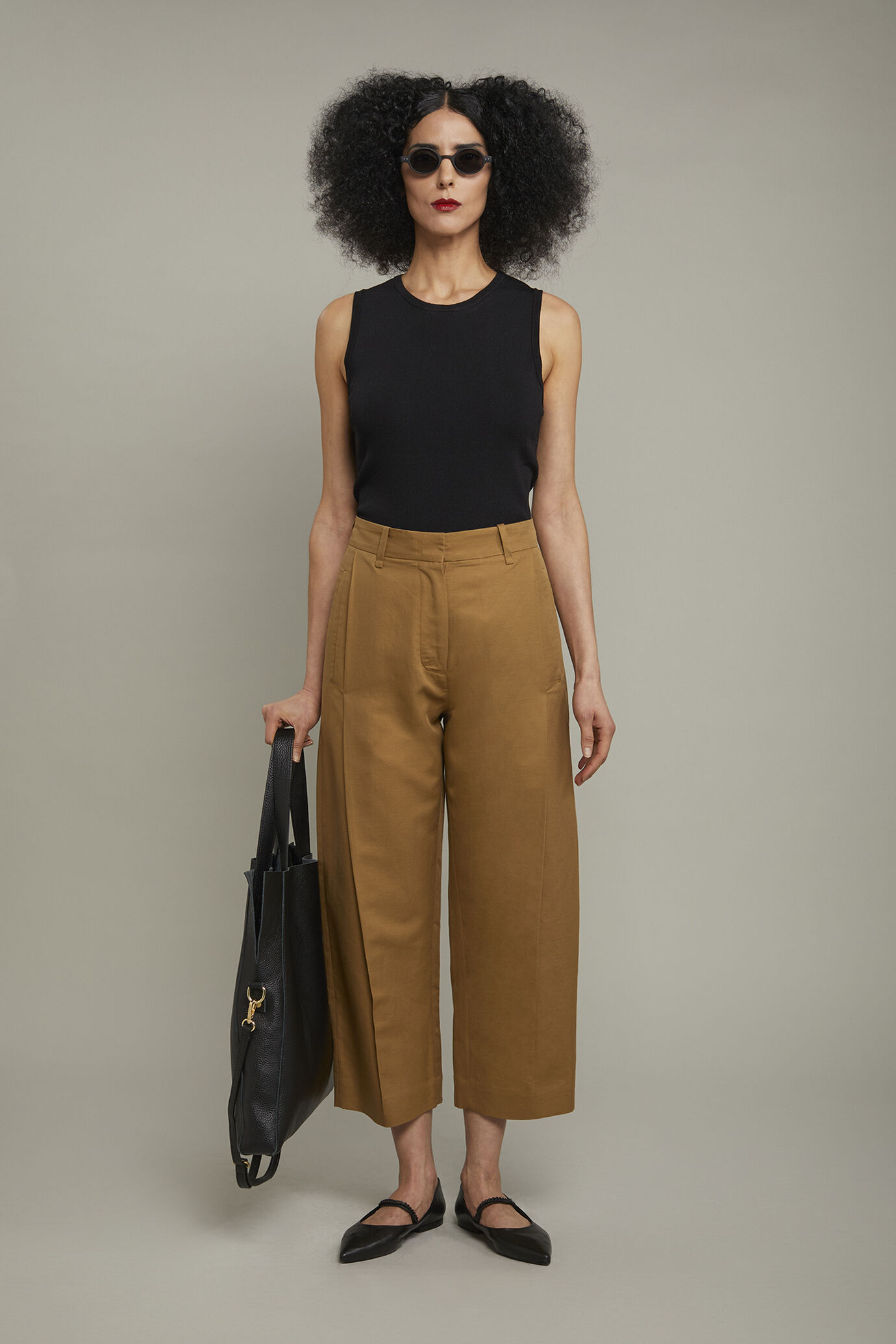 Pantalone donna a gamba larga misto lino e cotone regular fit image number 0