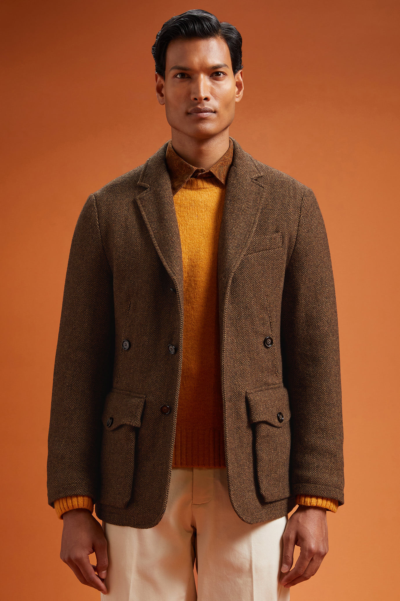 Men's regular fit sports jacket in herringbone wool blend fabric with a checked finish image number 0