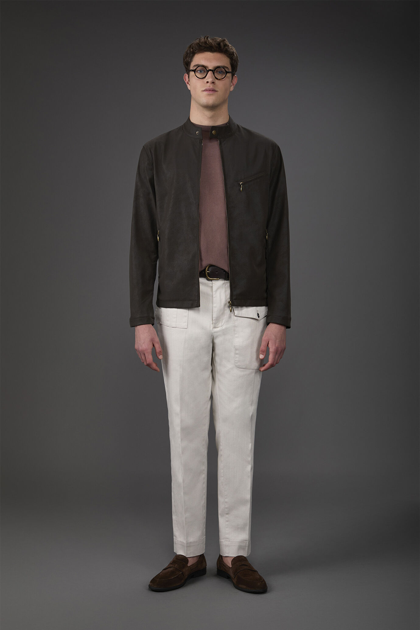 Blouson biker homme en simili cuir doublée, à col Mao