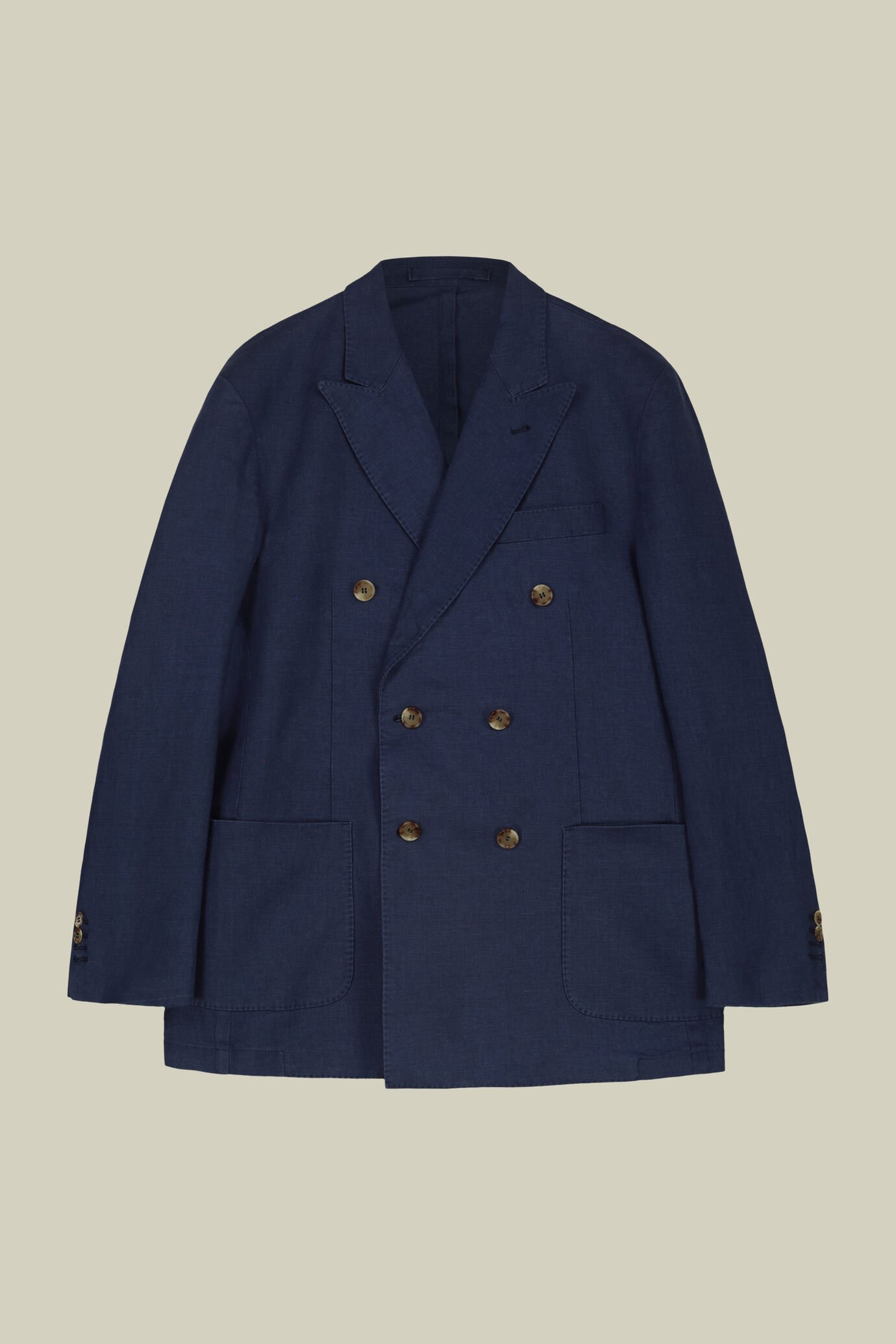 Men's 100% linen unlined double-breasted jacket with peak lapels and flap pockets
