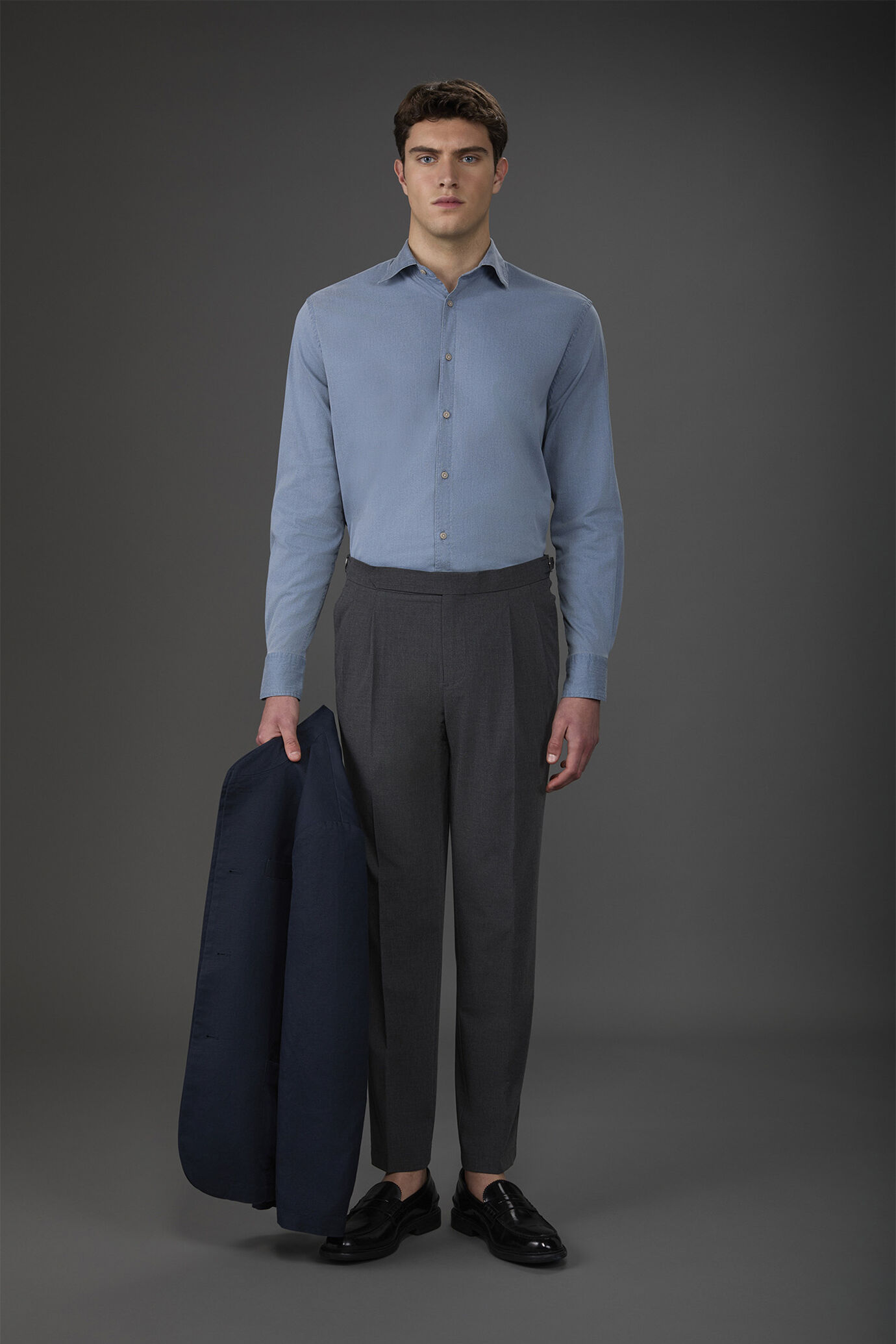 Camicia uomo casual collo francese tessuto chambray leggermente stretch image number 2
