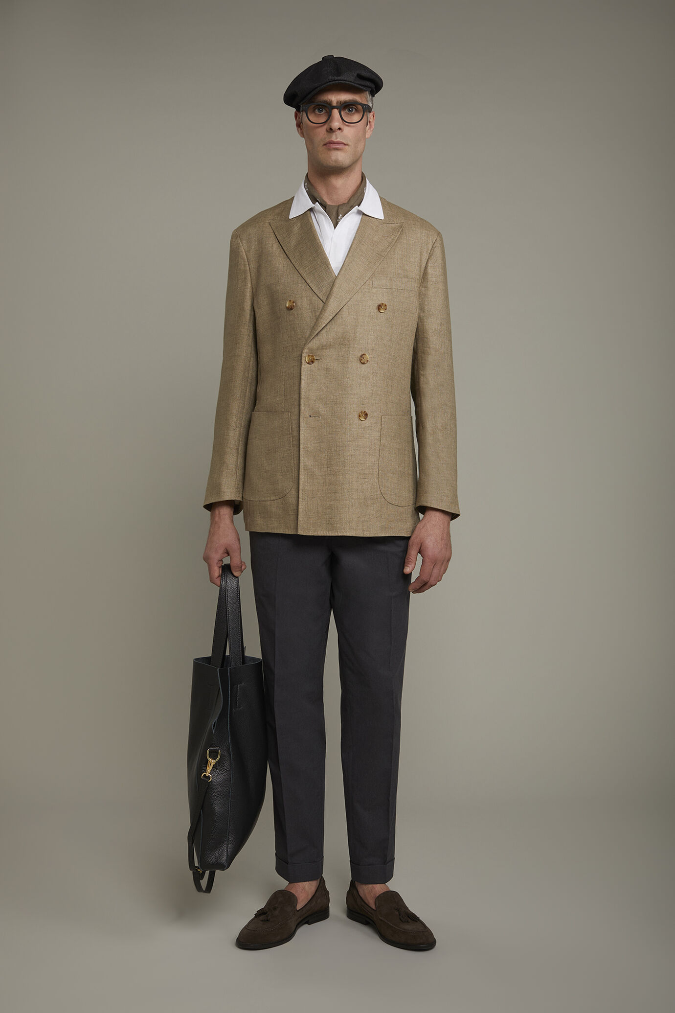 Men's unlined double-breasted blazer, patch pockets 100% linen regular fit image number 0