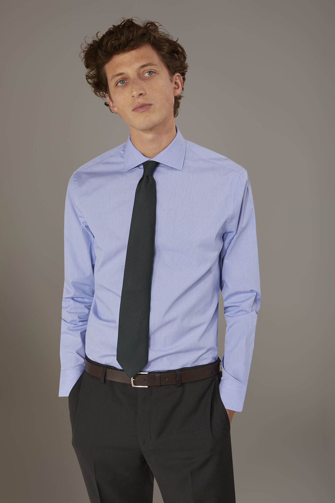 Camicia classica collo francese classic fit tessuto microcheck image number 0