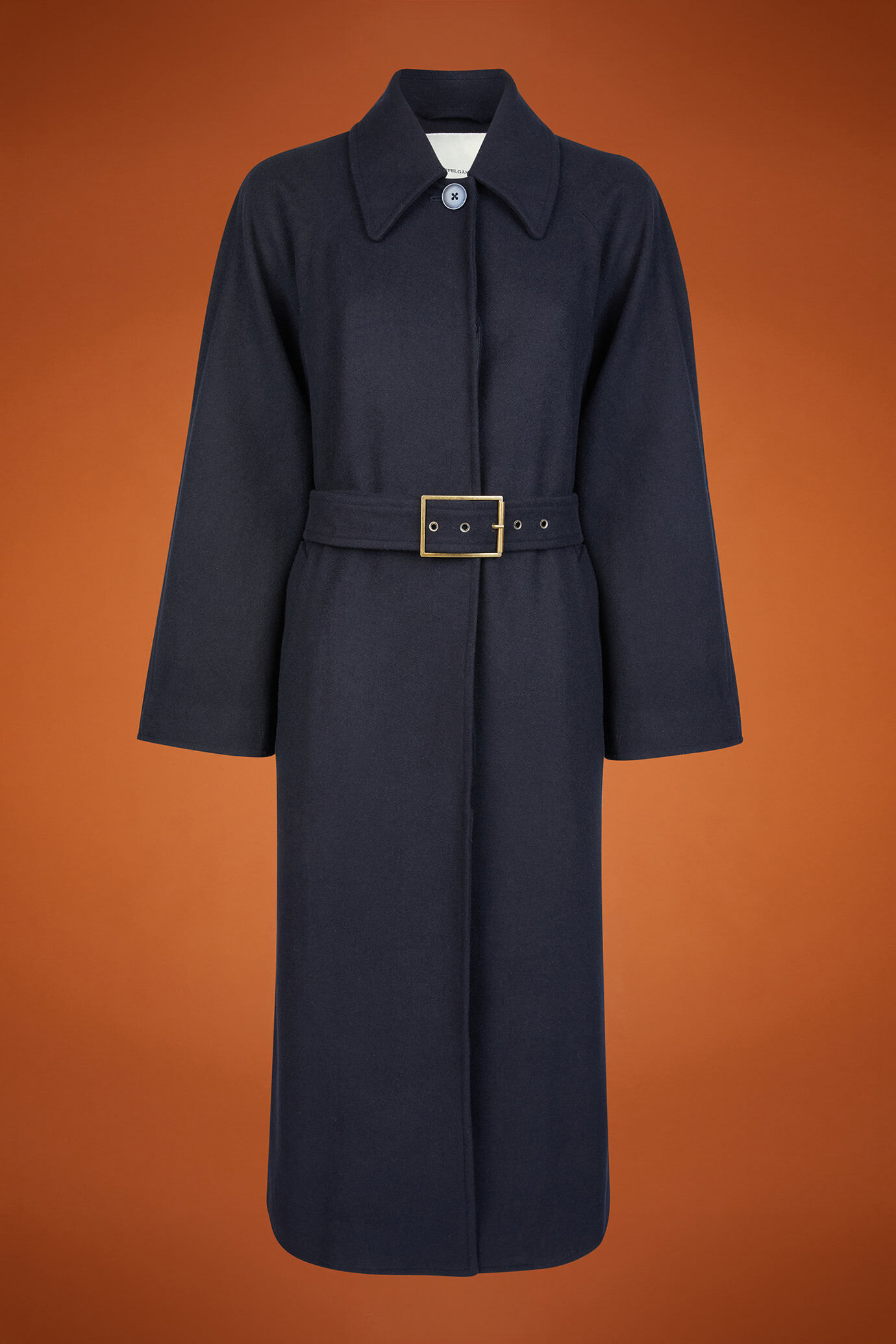 Women's long single-breasted coat with raglan sleeves and a buckle