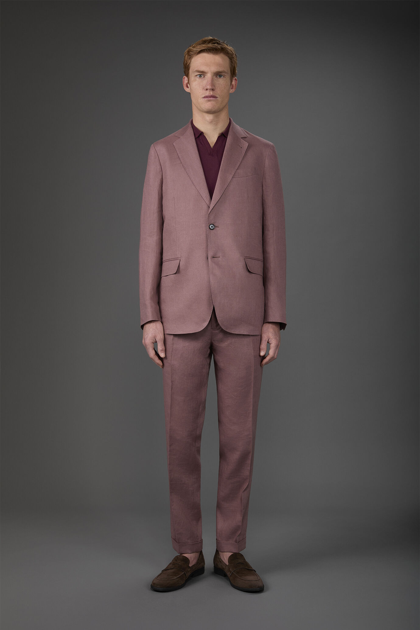 Single-breasted men's suit with flat front trousers, in 100% linen with a washed effect image number 1