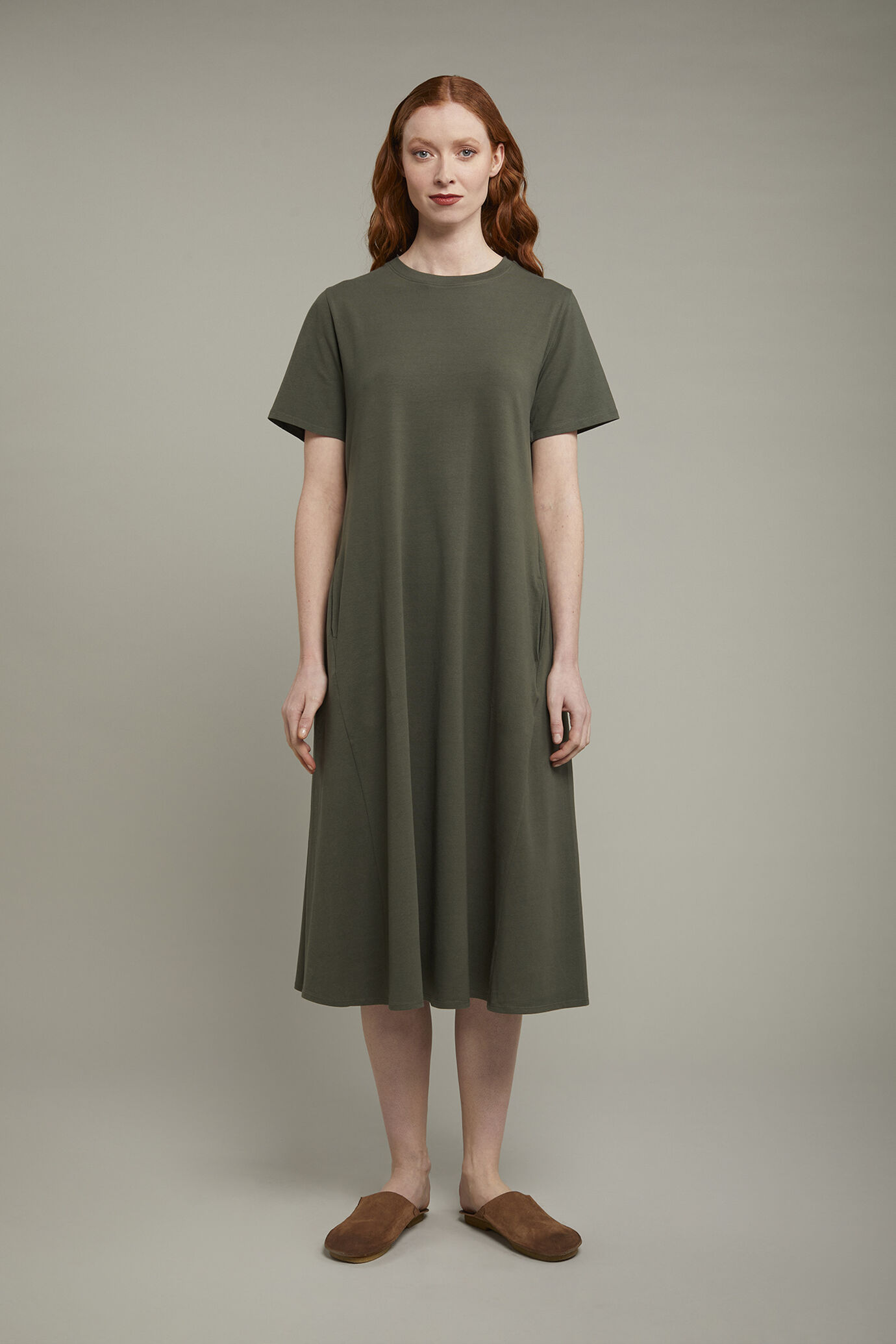 Robe midi femme à col rond et manches courtes en jersey de coton stretch coupe régulière image number 2