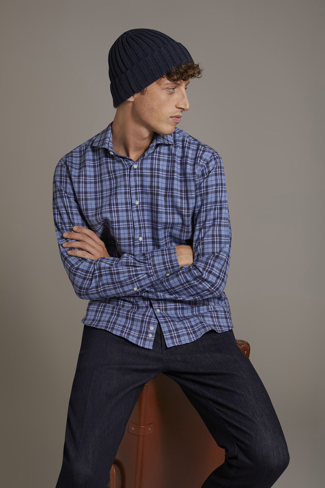 Casual shirt with french collar comfort fit flannel tartan fabric