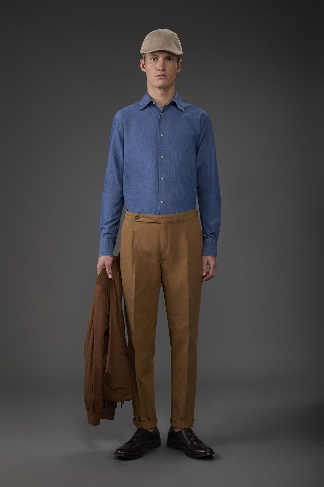 Men's trousers with double pleats and side buckles cotton-linen blend