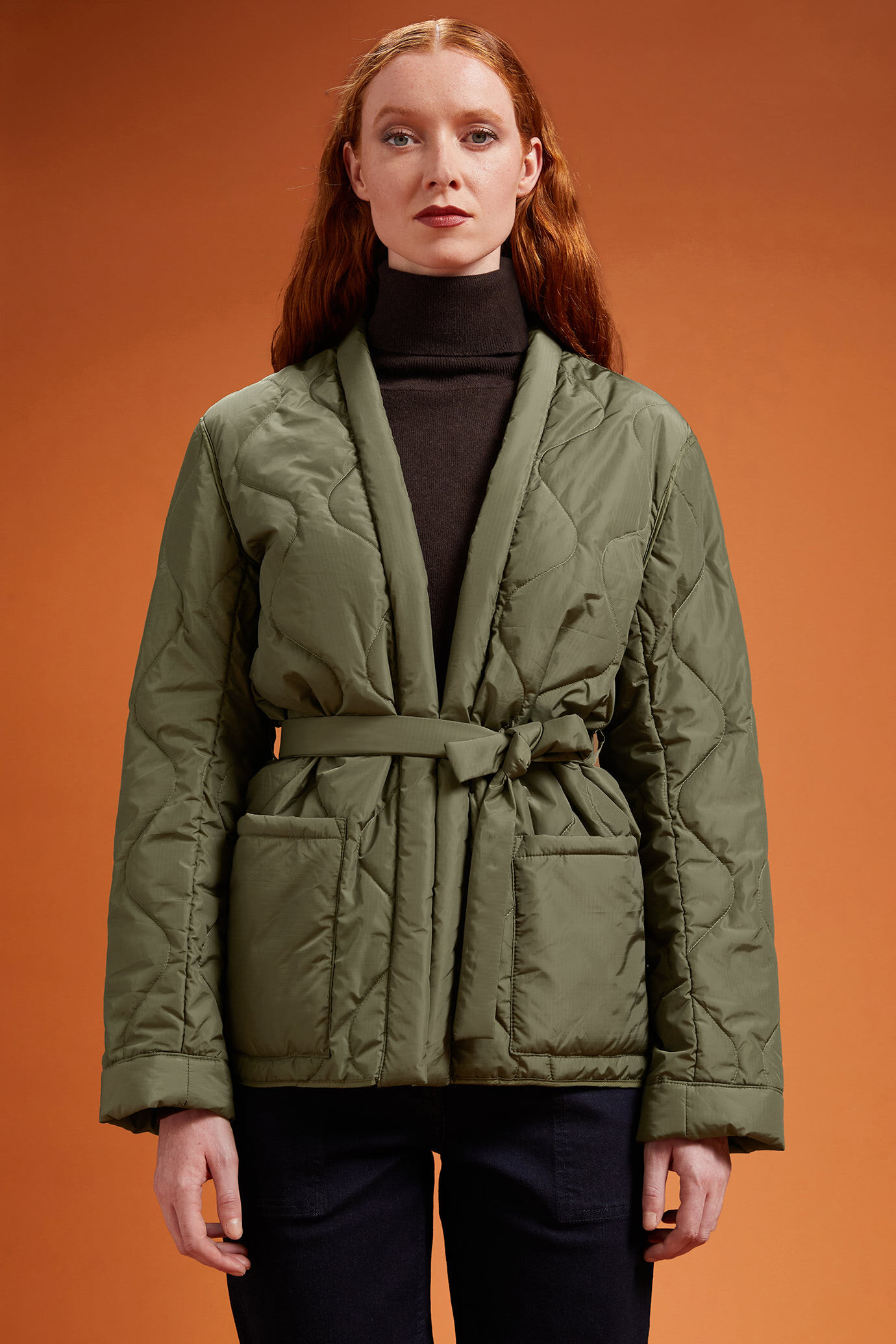 Women's quilted nylon kimono jacket in a regular fit with a waist belt image number 0