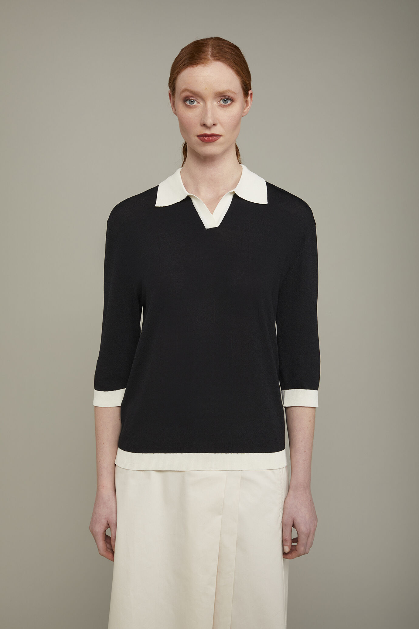 Polo donna in maglia con manica tre quarti regular fit image number 2