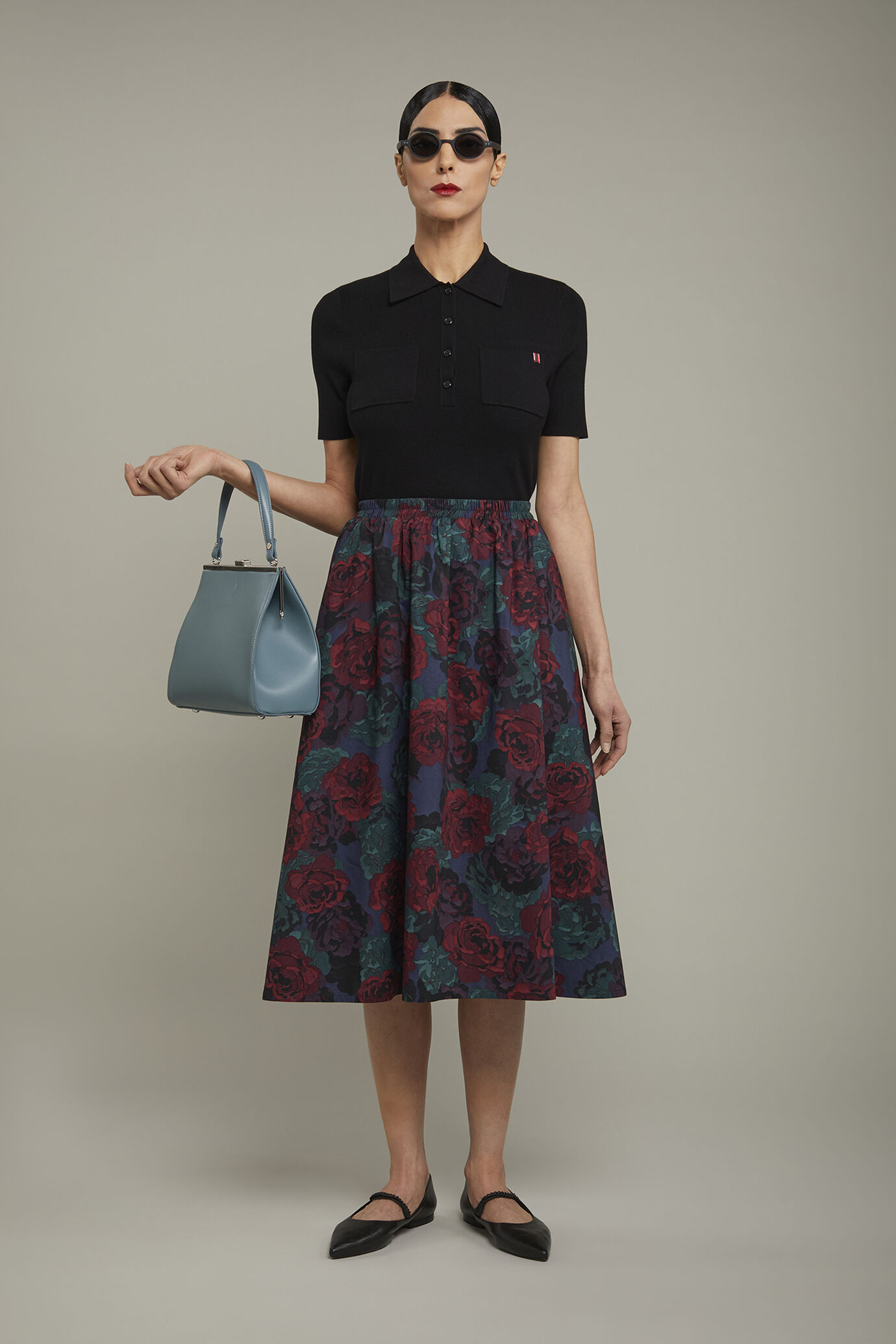 Jupe évasée femme en 100 % coton avec taille élastique, motif floral et coupe régulière image number 0