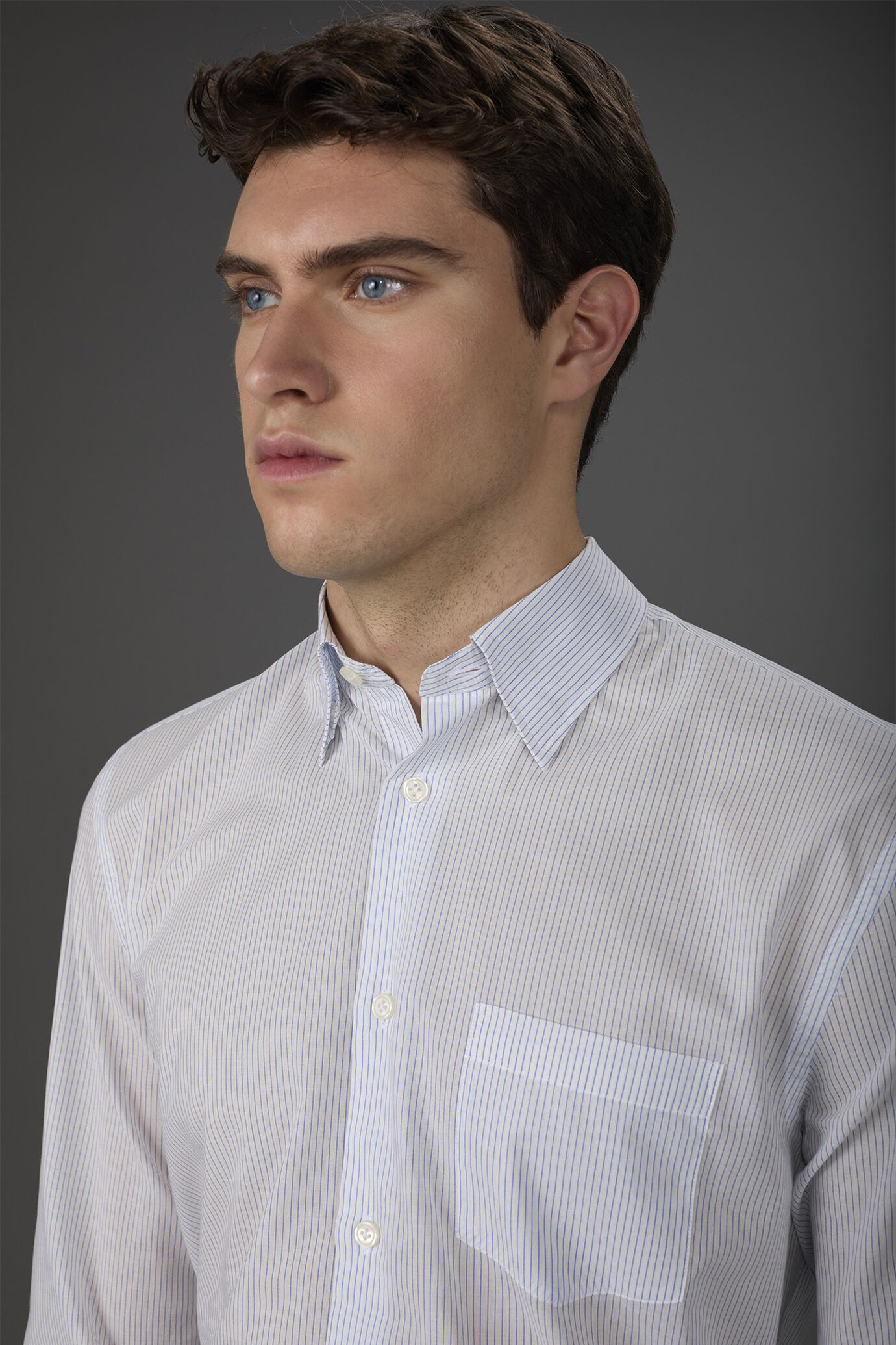 Men's concealed button down casual shirt in yarn-dyed striped washed muslin fabric image number 1