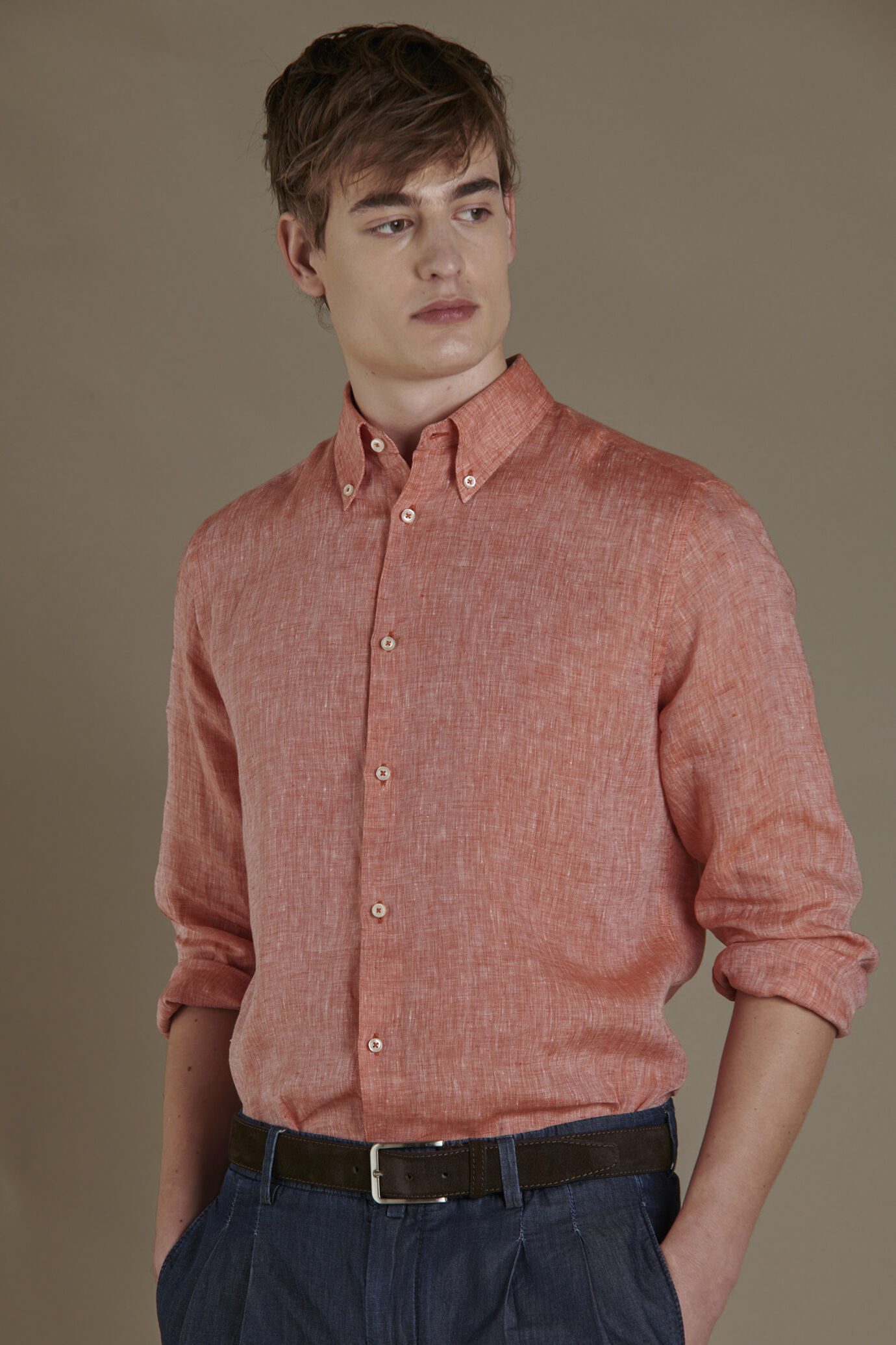 100% linen button down collar casual shirt image number 1