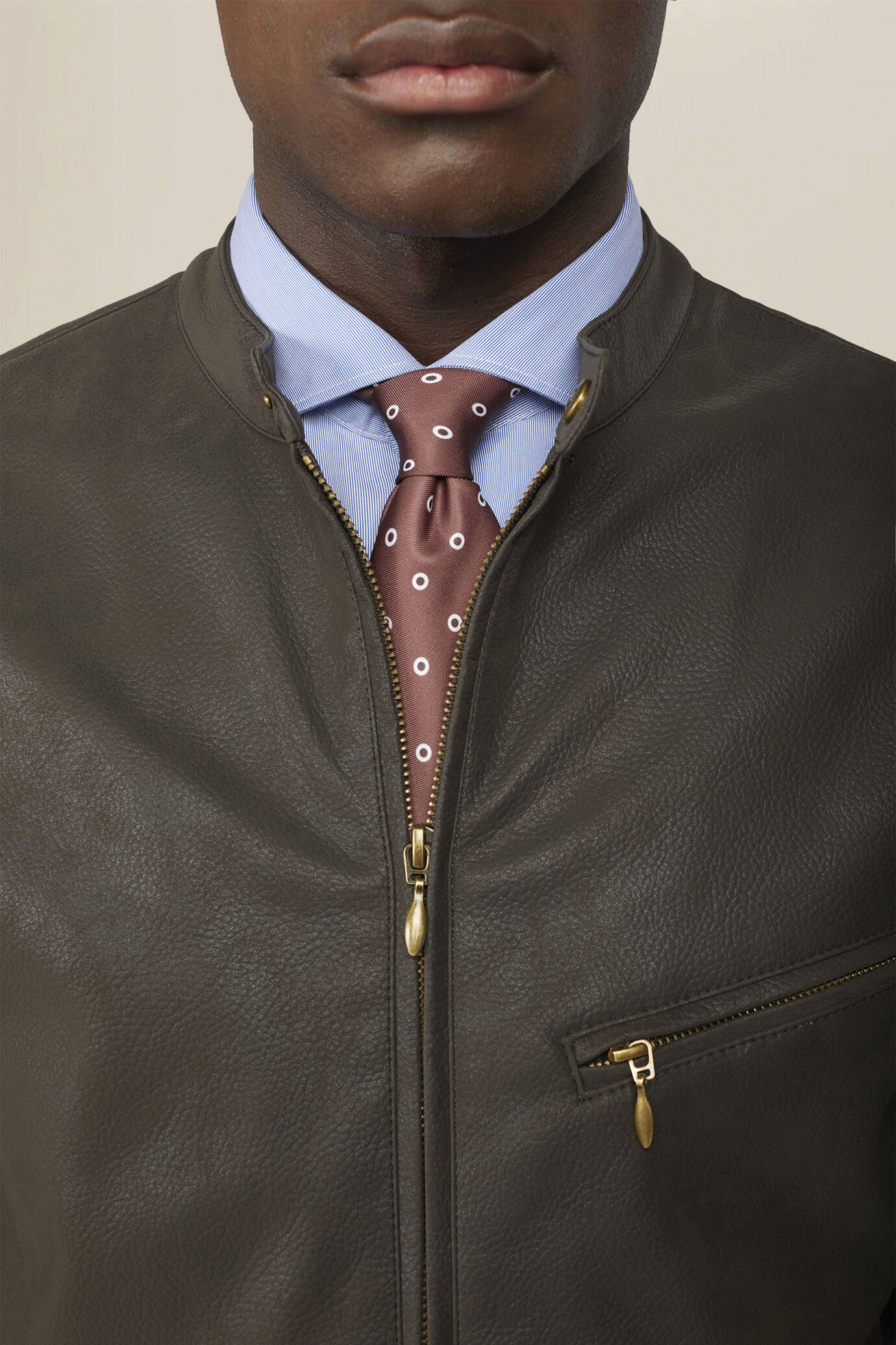 Men's biker jacket in lined faux leather with korean collar image number 2