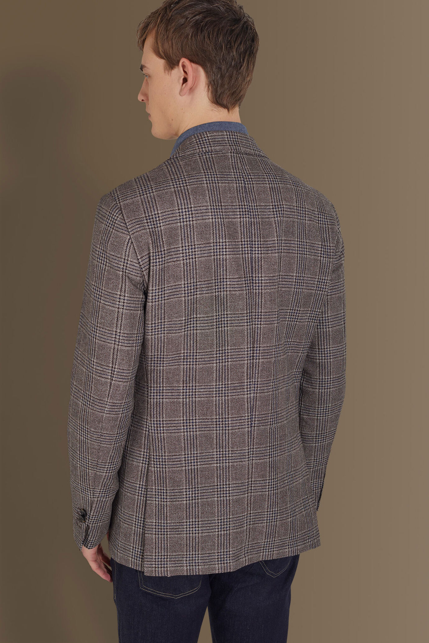 Single breasted jacket cotton linen fabric check design image number 4