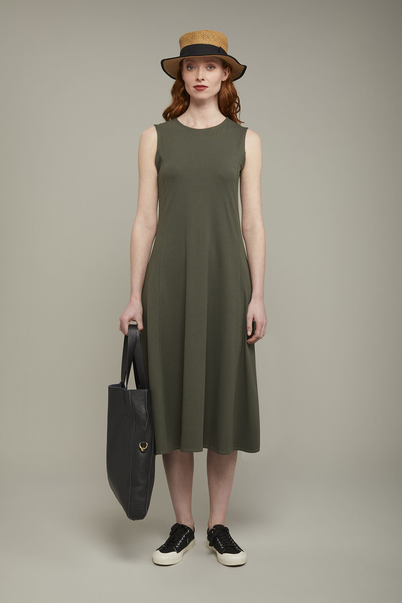 Robe midi pour femme, sans manches, en jersey de coton stretch